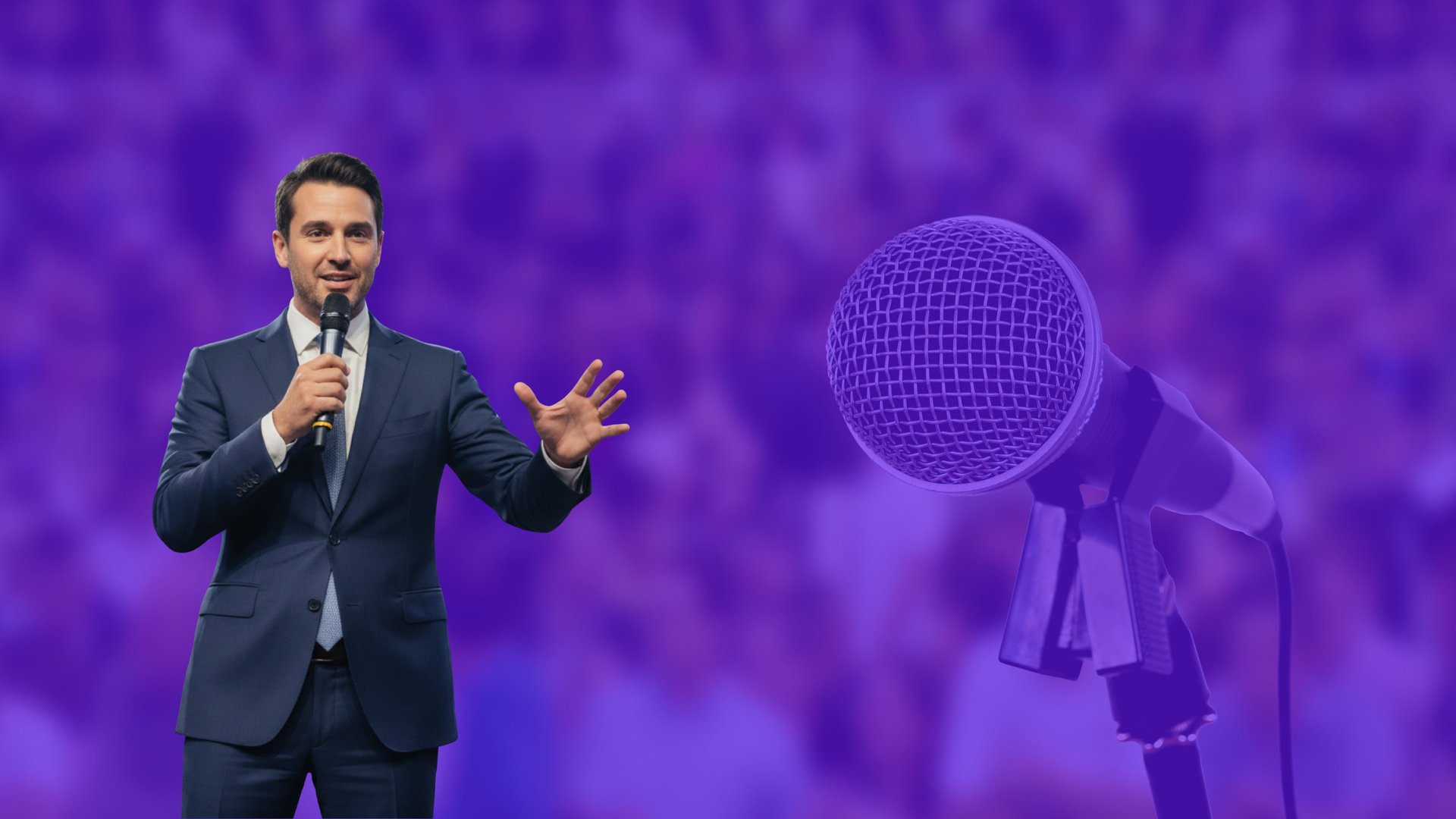 a microphone in front of a stage with lights