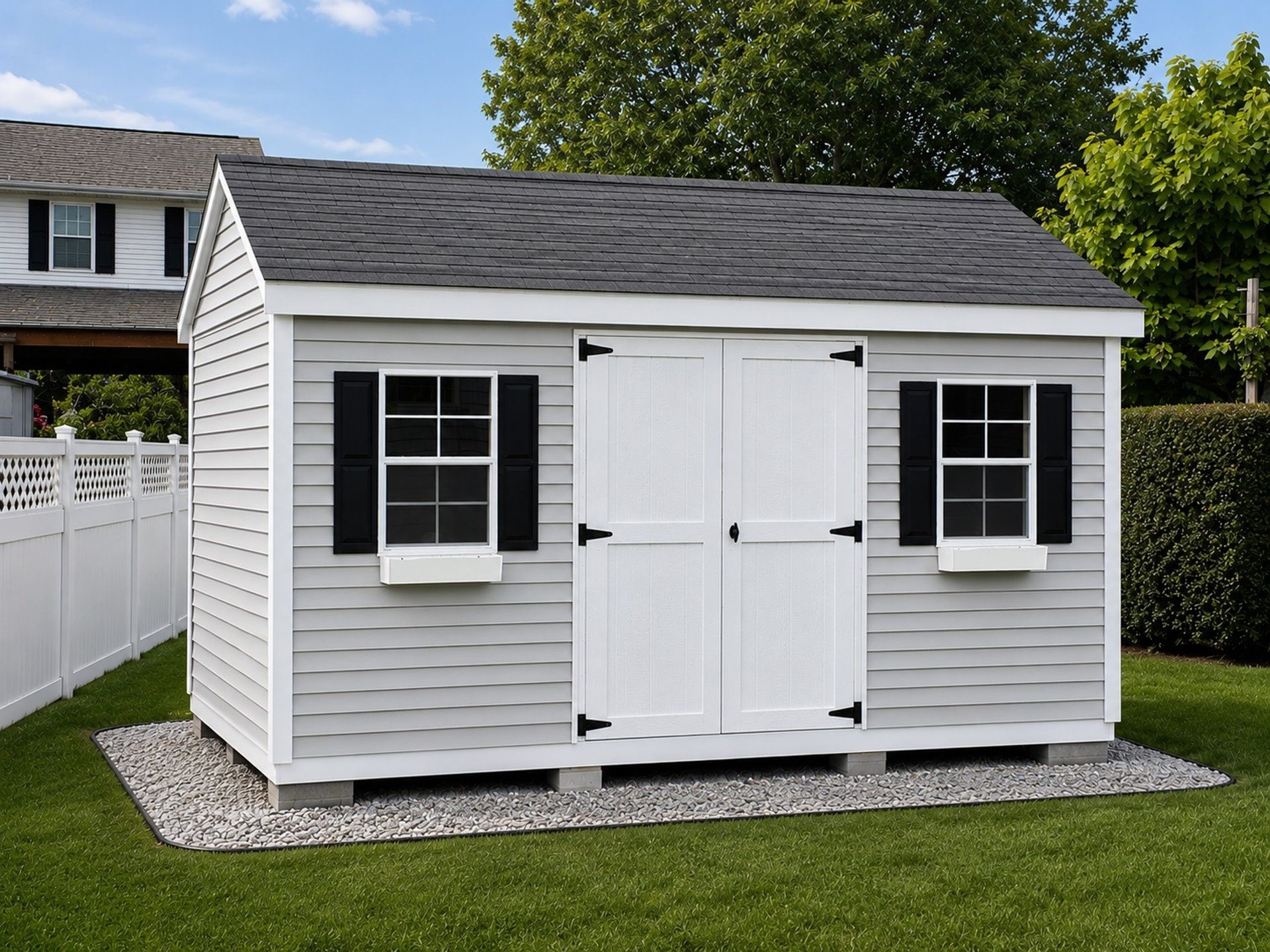 Custom imperial shed with sterling gray clapboard vinyl siding, installed in Wareham, MA