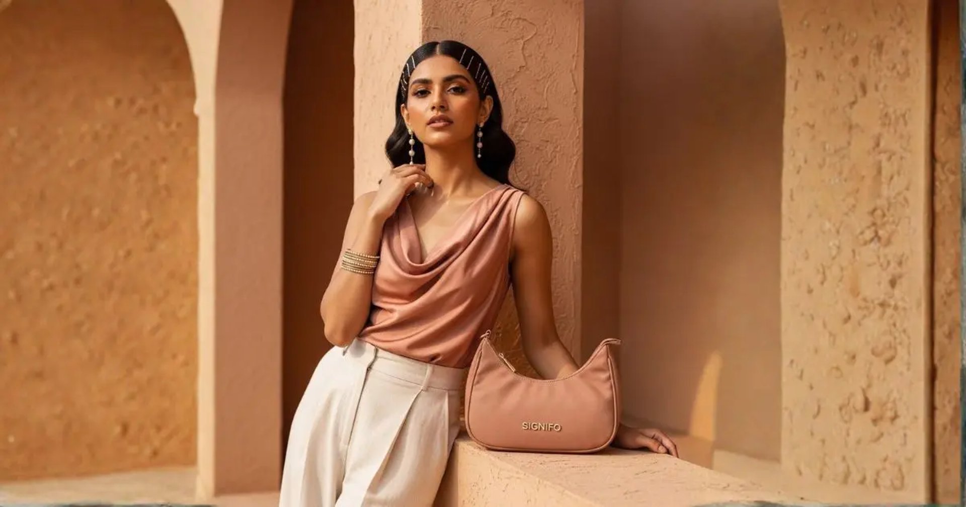 Model SIGNIFO dengan tas dari kain kanvas polyester warna Copper Blush