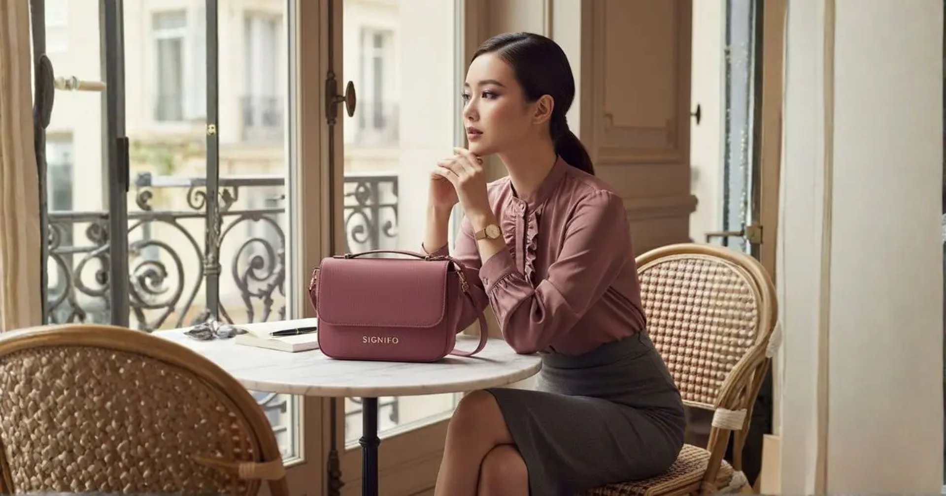 Seorang model signifo dengan tas dari kain kanvas polyester warna Dusty Pink