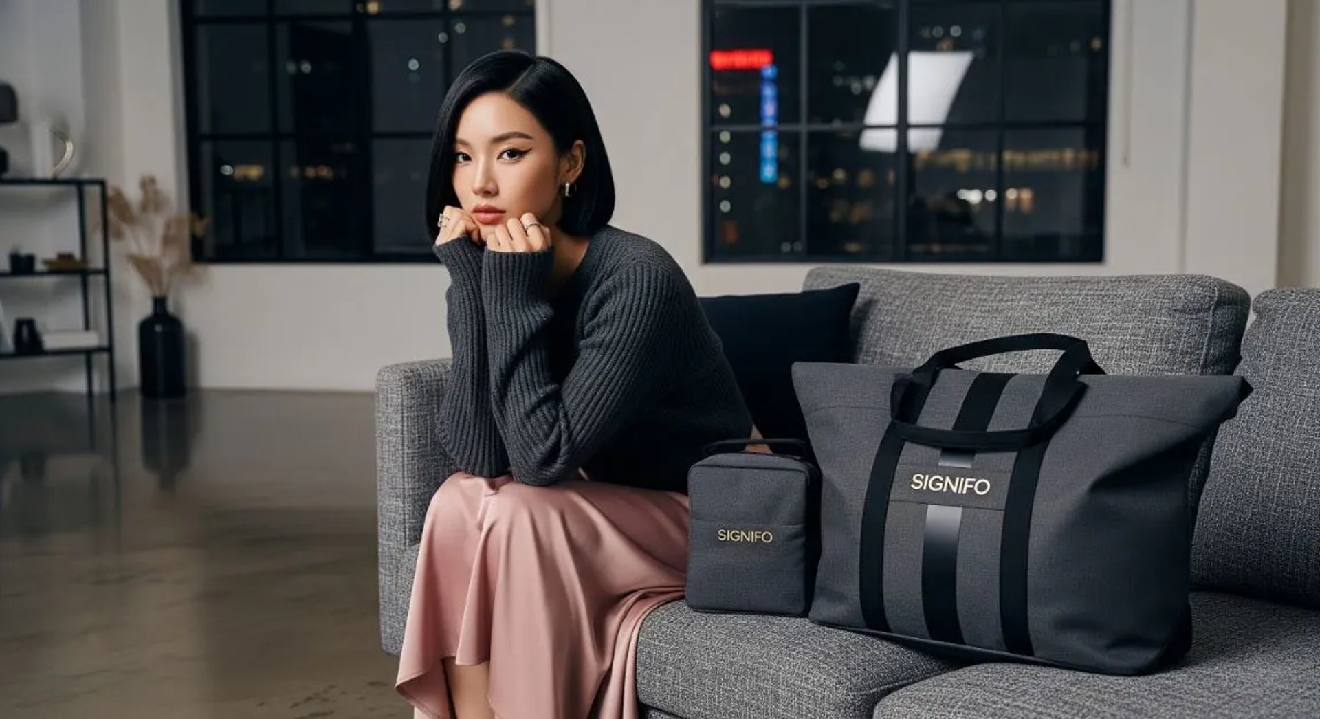 Model wanita dengan hasil aplikasi produk dari kain kanvas polyester SIGNIFO warna Abu.