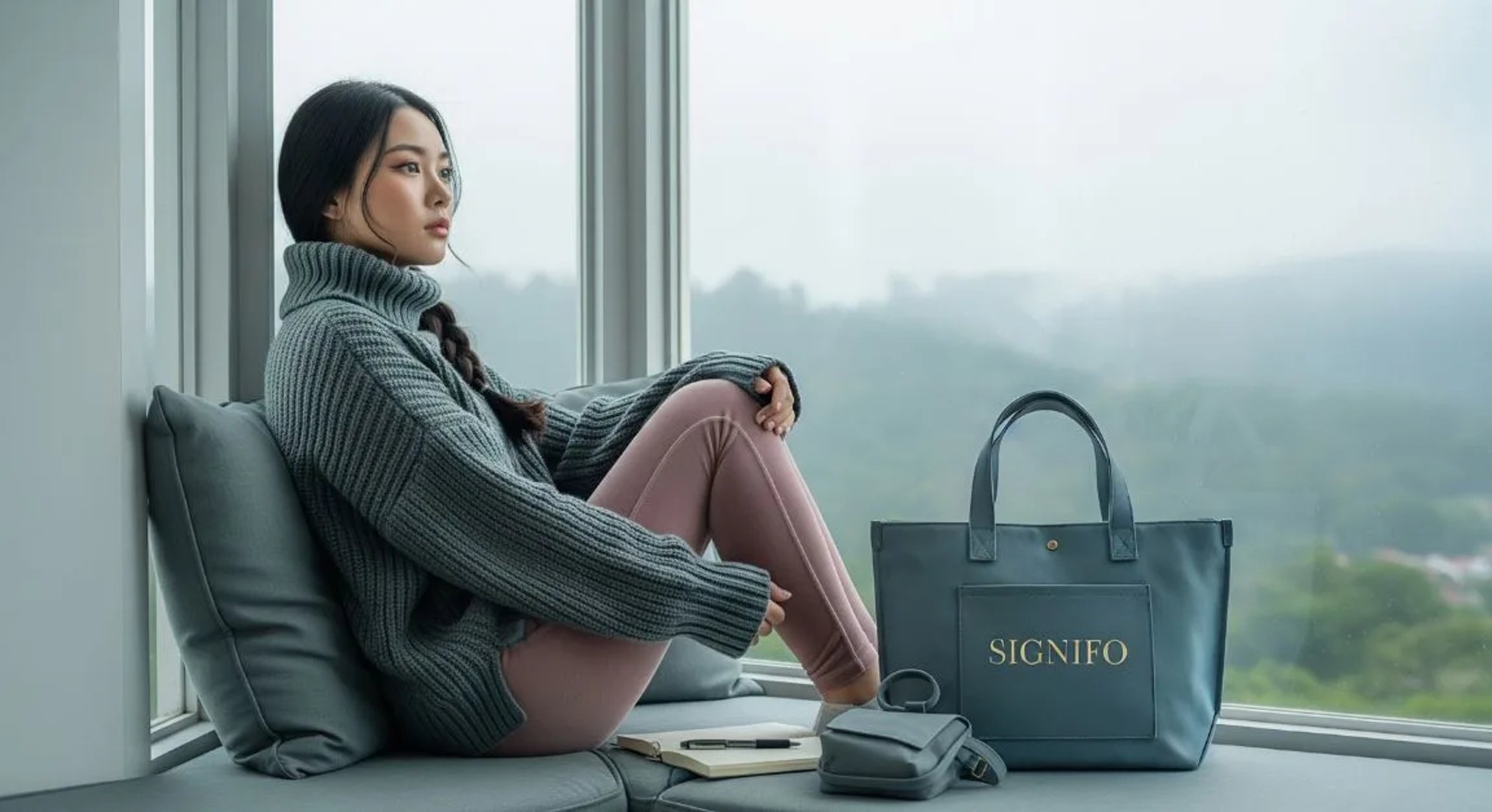 Model wanita dengan hasil aplikasi produk dari kain kanvas polyester SIGNIFO warna ABU AL