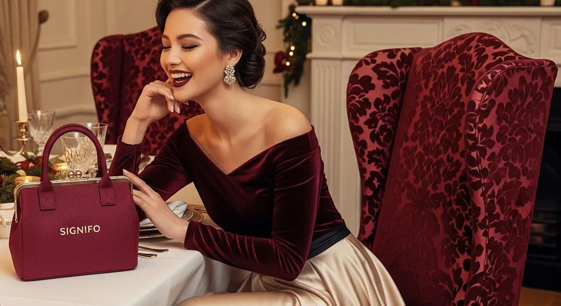 Model wanita dengan hasil aplikasi produk dari kain kanvas polyester SIGNIFO warna ANGGUR