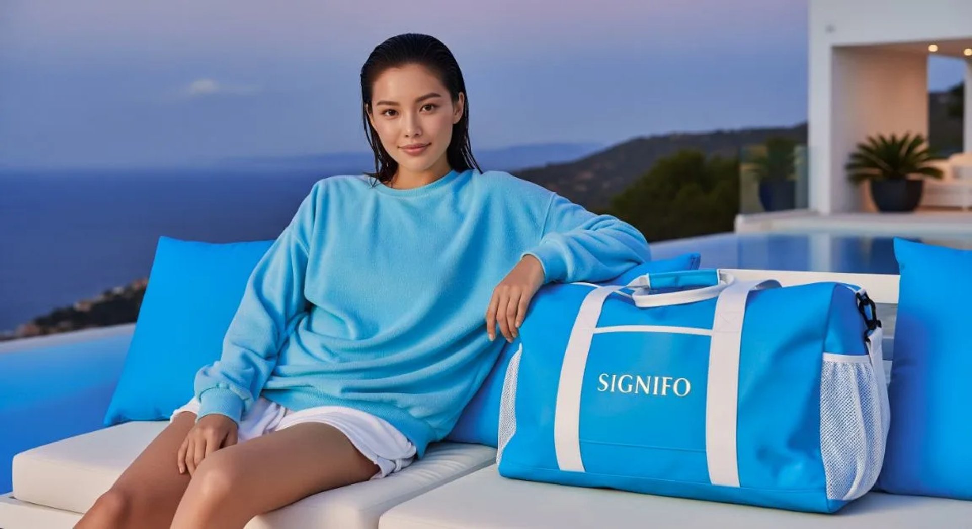Model wanita dengan hasil aplikasi produk dari kain kanvas polyester SIGNIFO warna BIRU AQUA