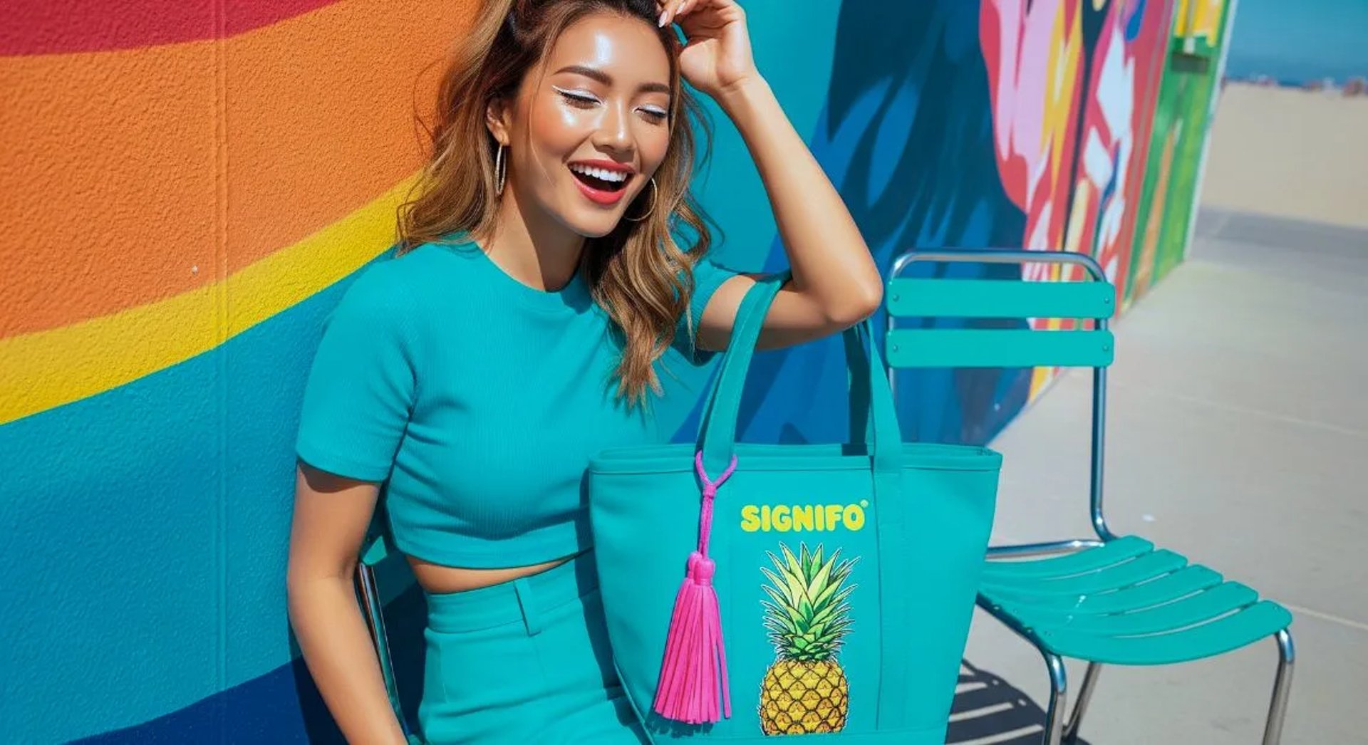 Model wanita dengan hasil aplikasi produk dari kain kanvas polyester SIGNIFO warna Biru Tosca