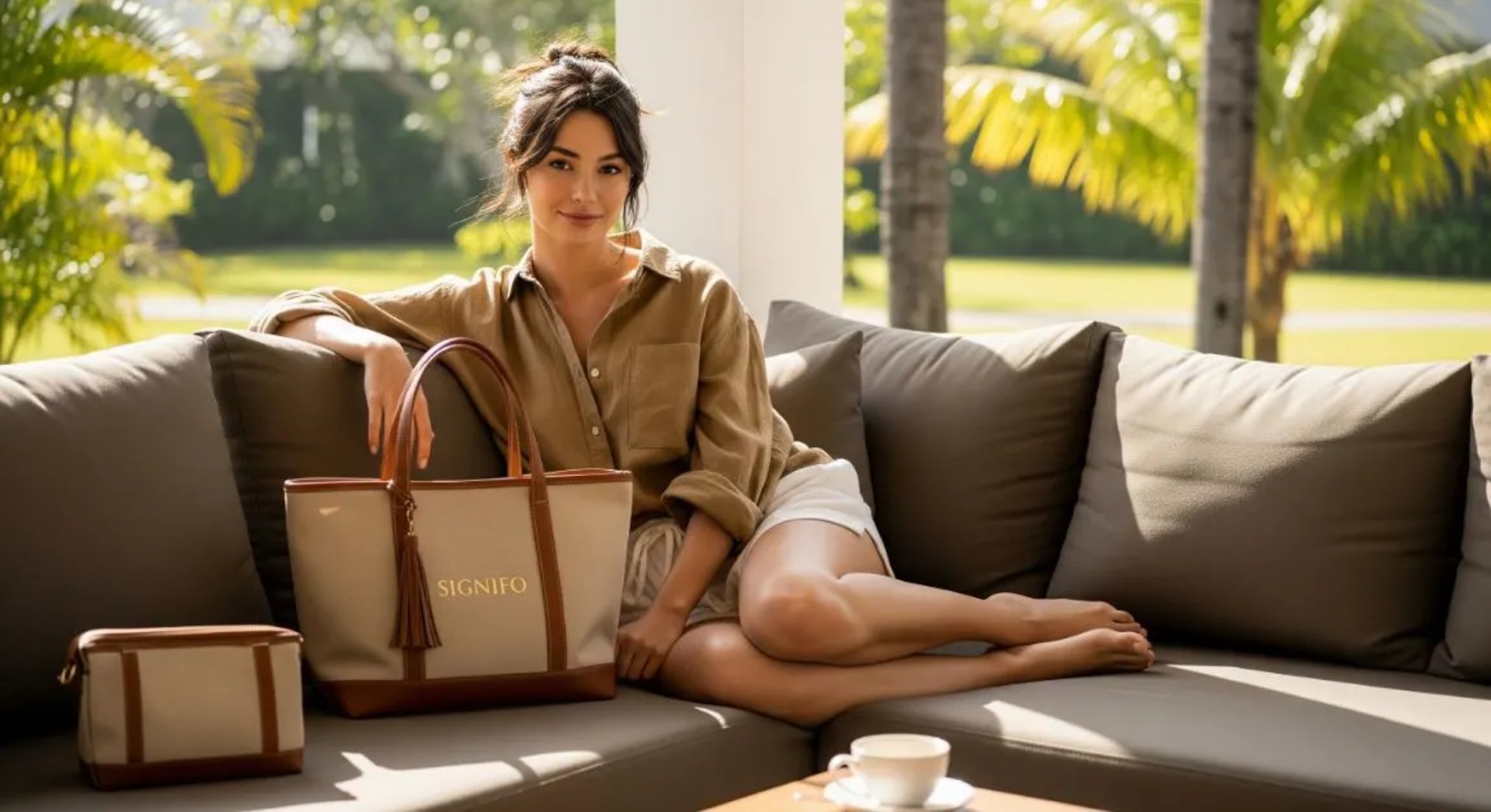 Model wanita dengan hasil aplikasi produk dari kain kanvas polyester SIGNIFO warna Cream