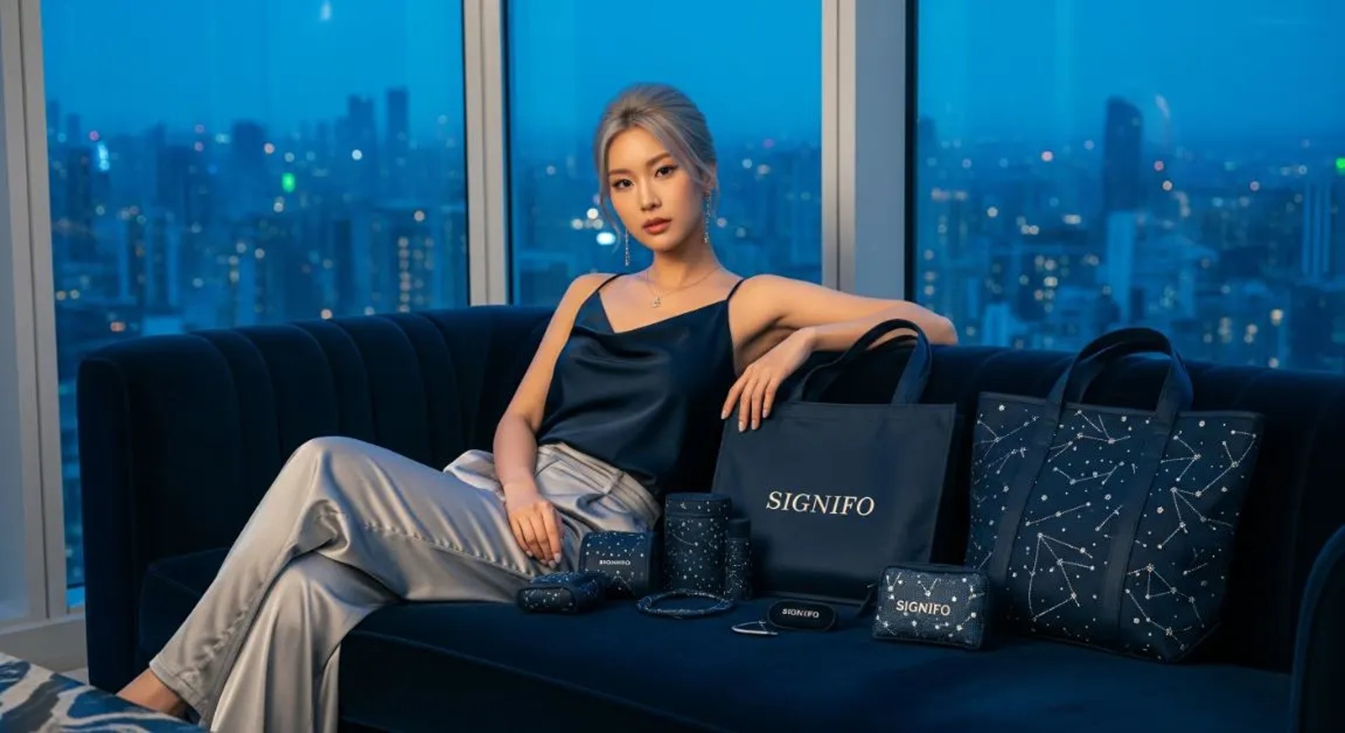 Model wanita dengan tote bag kanvas SIGNIFO warna biru dongker serbaguna.