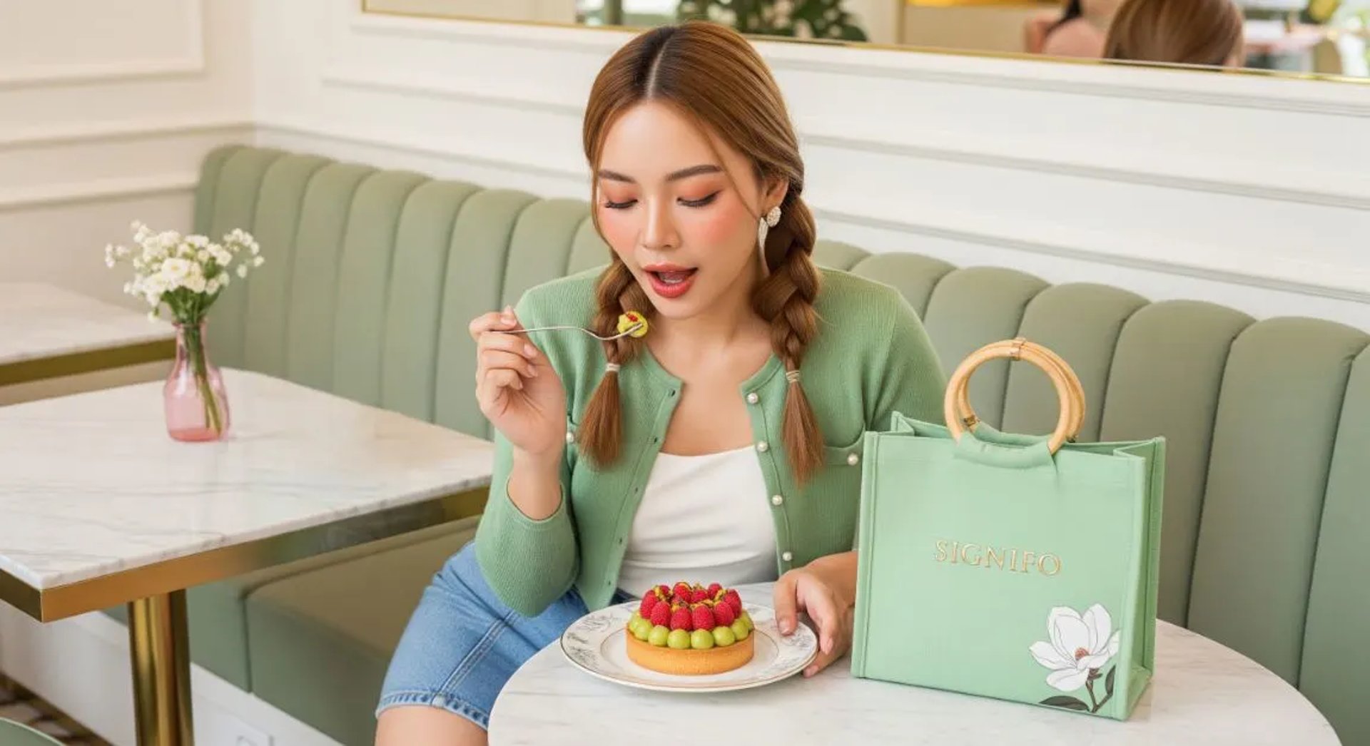 Model wanita dengan hasil aplikasi produk dari kain kanvas polyester SIGNIFO warna HIJAU KALEM