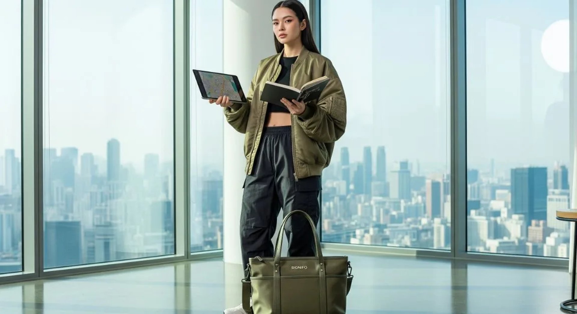 Model wanita dengan hasil aplikasi produk dari kain kanvas polyester SIGNIFO warna HIJAU LUMUT