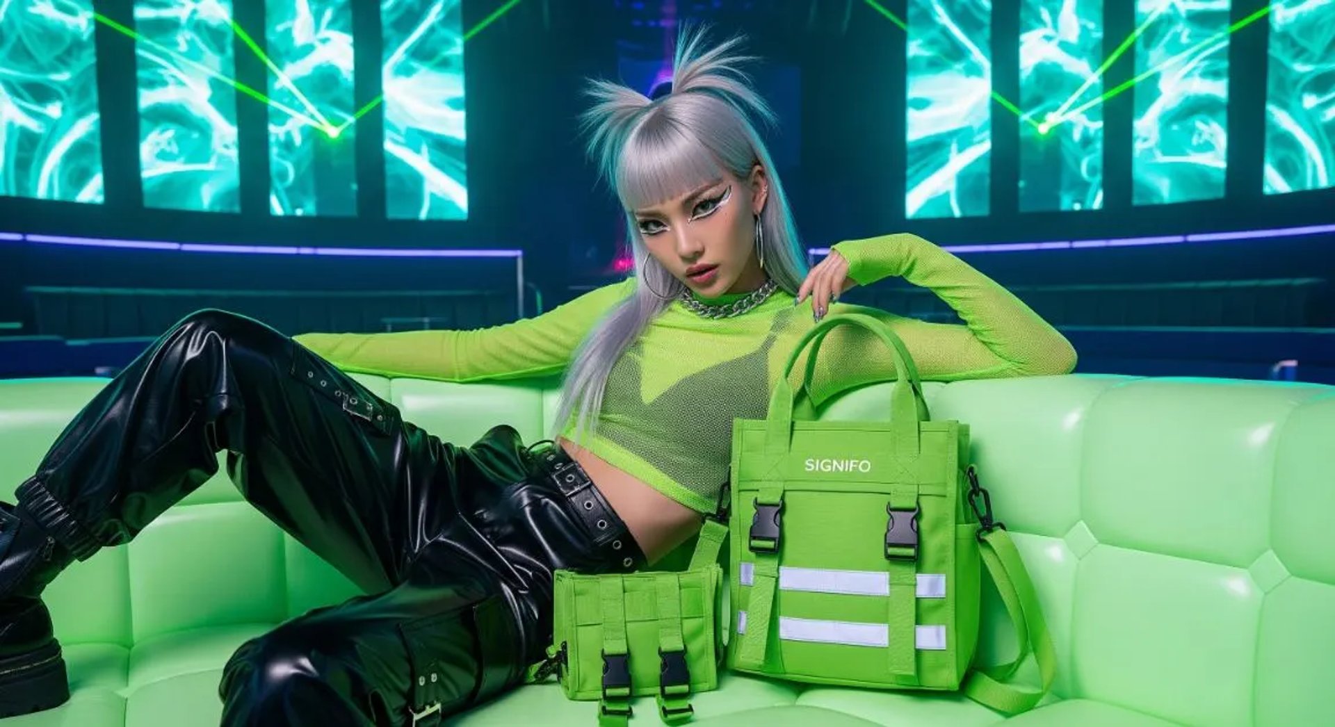 Model wanita dengan hasil aplikasi produk dari kain kanvas polyester SIGNIFO warna HIJAU MELON