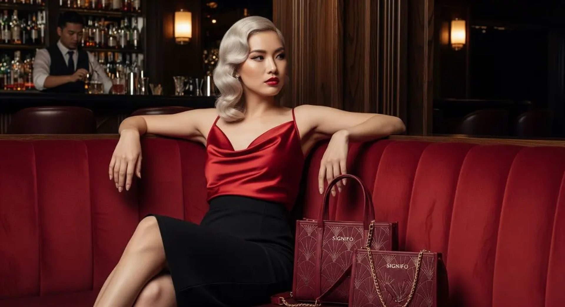 Model wanita dengan hasil aplikasi produk dari kain kanvas polyester SIGNIFO warna Maroon
