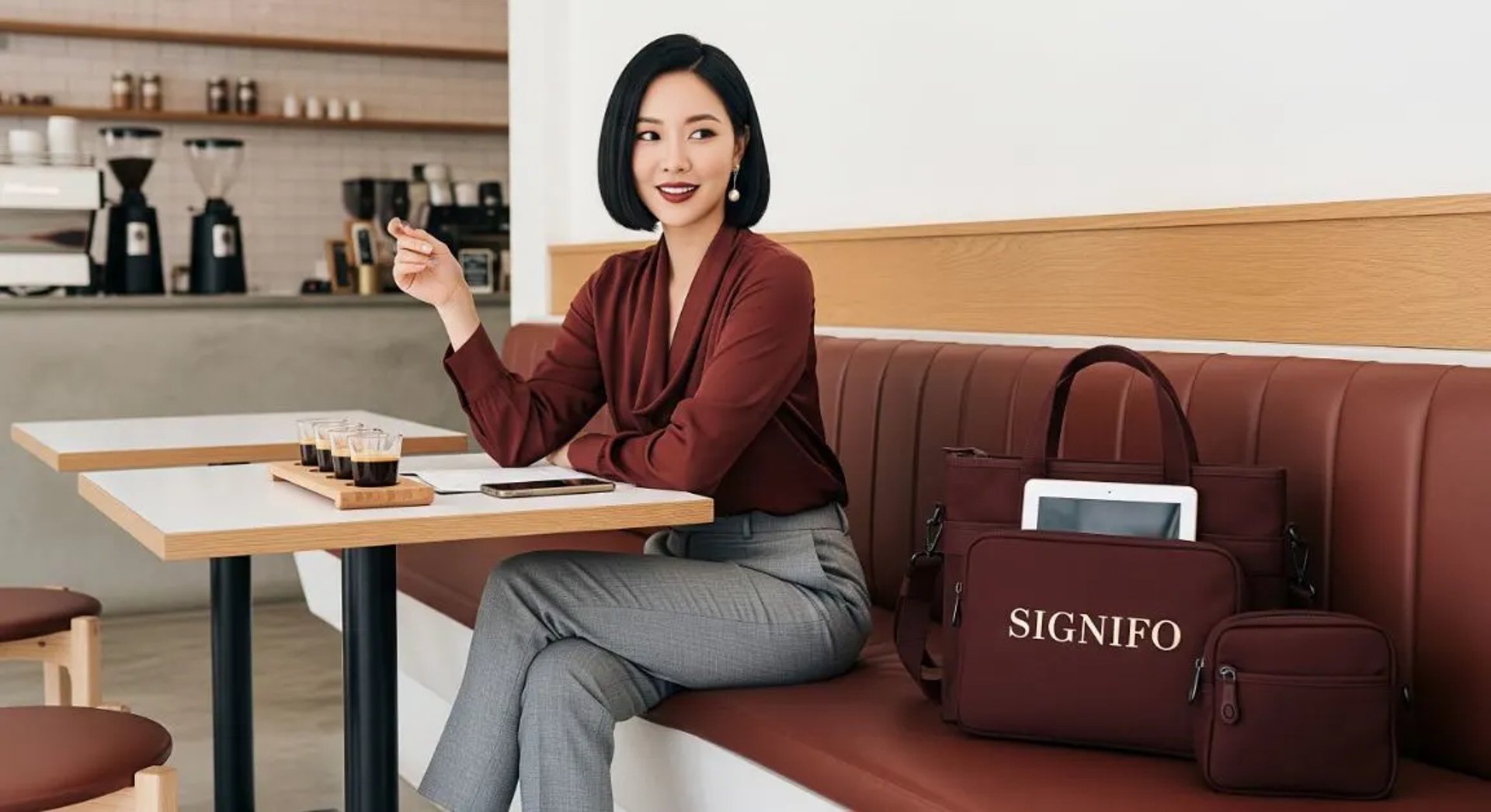 Model wanita dengan hasil aplikasi produk dari kain kanvas polyester SIGNIFO warna MARSALA
