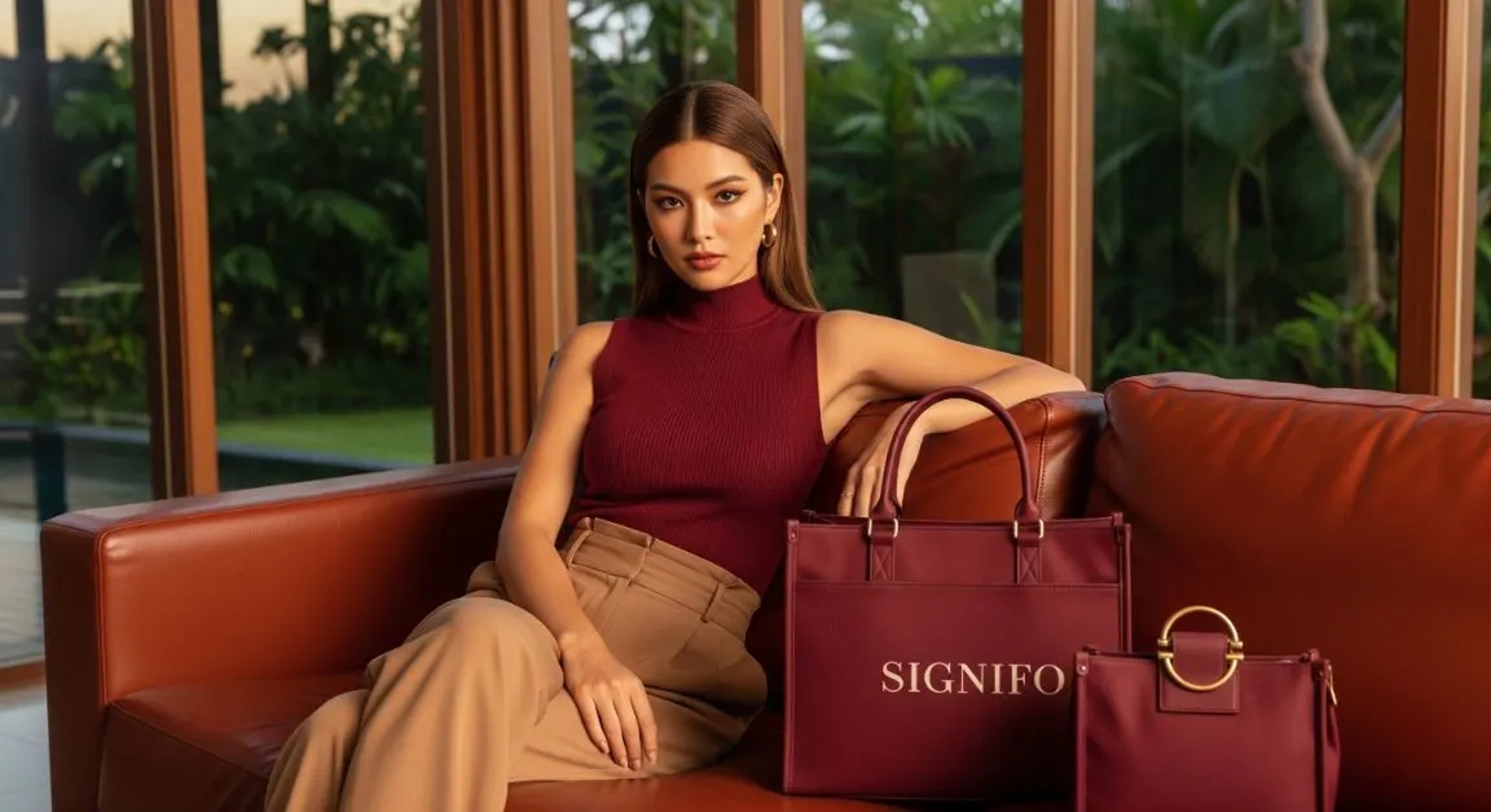 Model wanita dengan tote bag warna burgundy dari kain kanvas polyester SIGNIFO.