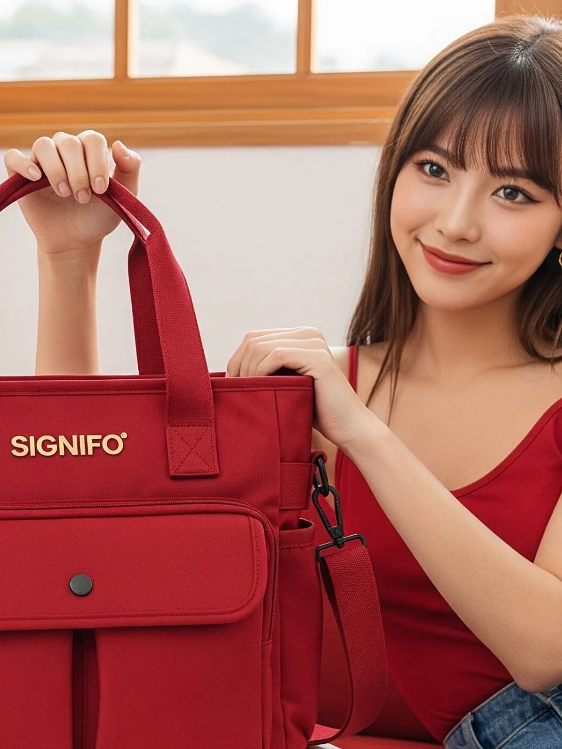 Model wanita chic memamerkan tote bag multifungsi Signifo merah yang serasi.