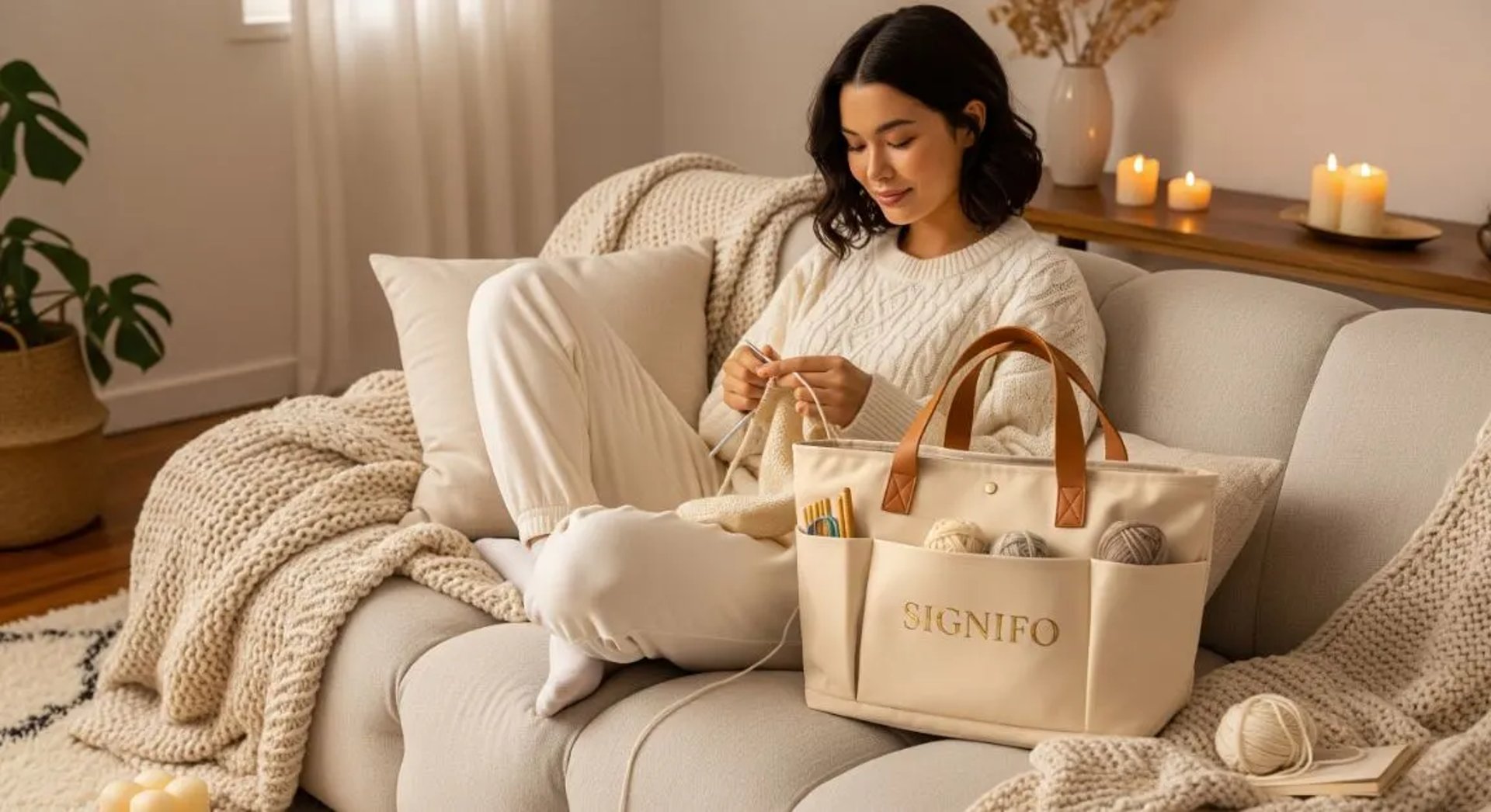 Model wanita dengan hasil aplikasi produk dari kain kanvas polyester SIGNIFO warna MOCHA