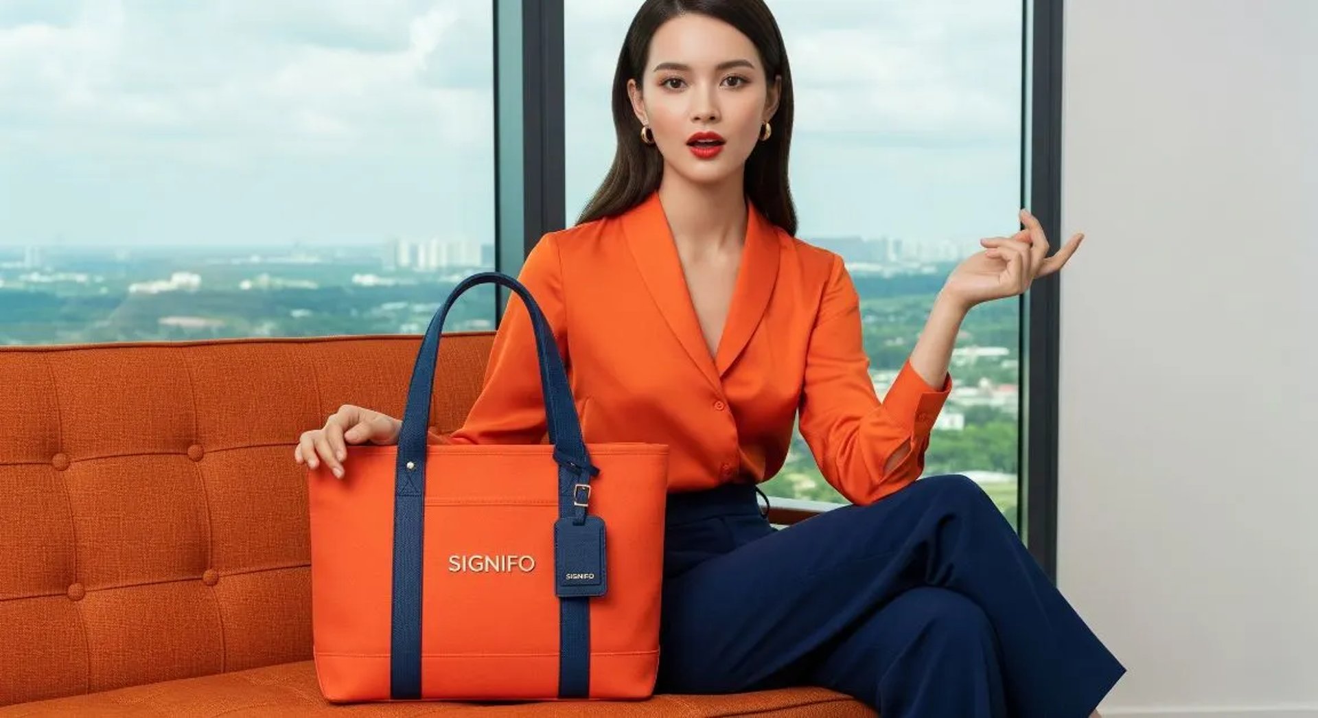 Model wanita dengan hasil aplikasi produk dari kain kanvas polyester SIGNIFO warna ORANGE