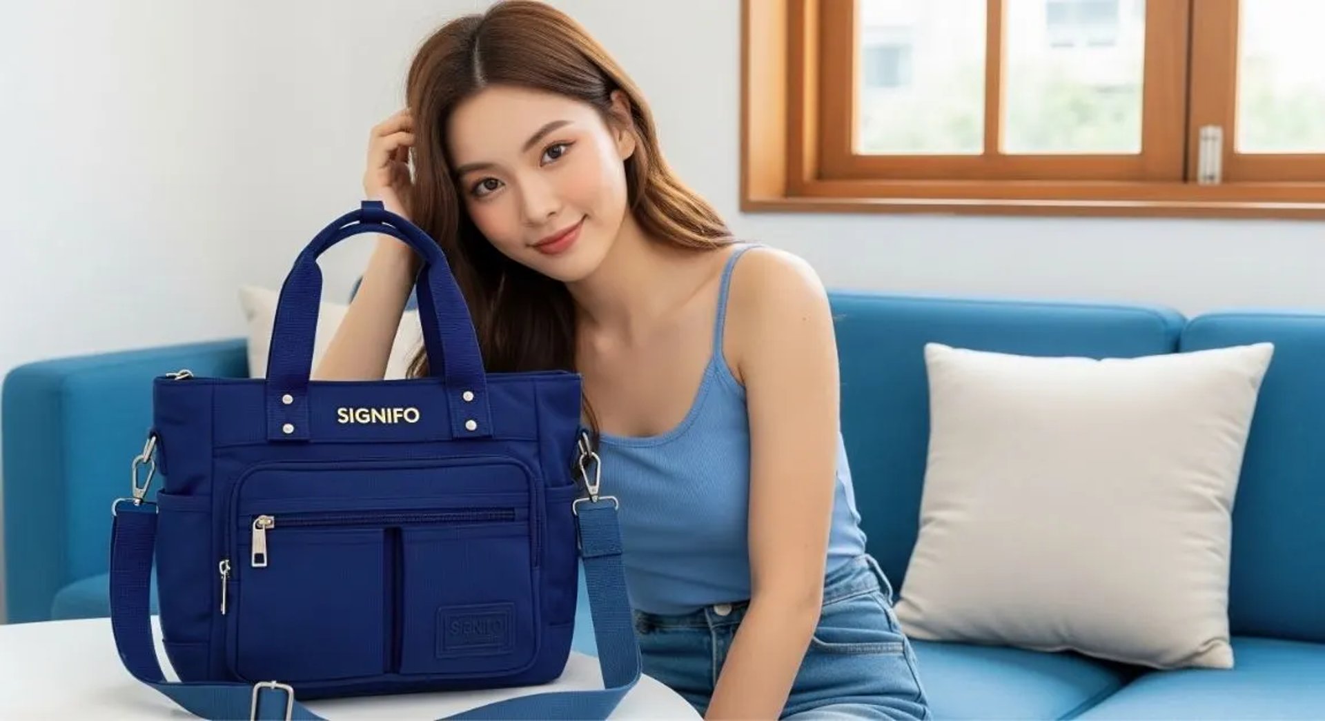 Model wanita stylish berpose dengan tote bag Signifo biru benhur. Sempurna untuk tampilan kasual.