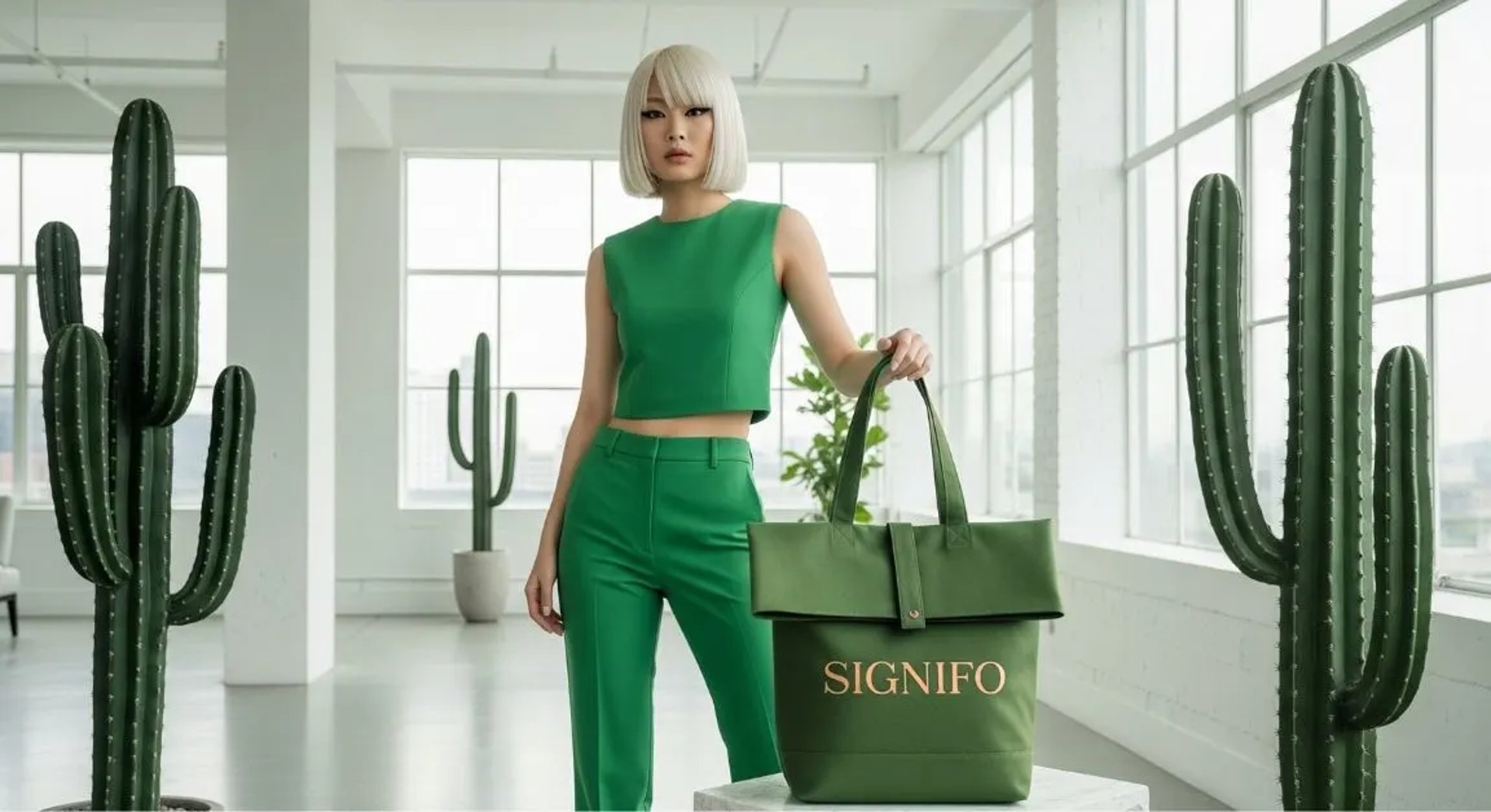 Model wanita dengan hasil aplikasi produk dari kain kanvas polyester SIGNIFO warna HIJAU SIPIL