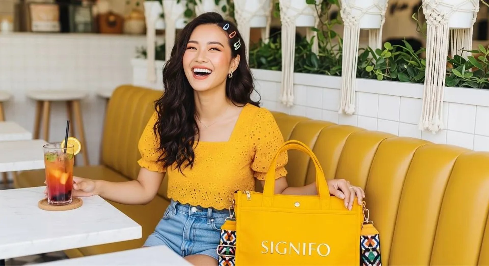Model wanita dengan hasil aplikasi produk dari kain kanvas polyester SIGNIFO warna Kuning Tua 