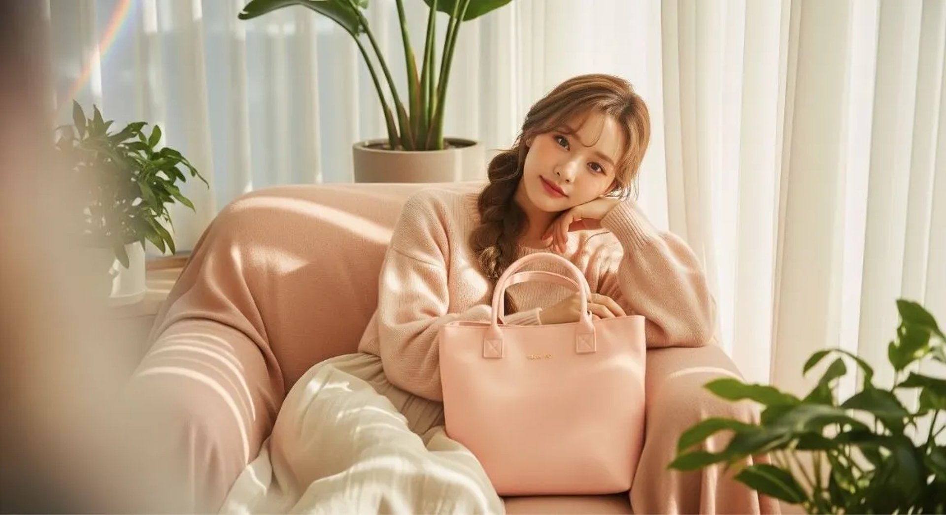Model wanita dengan hasil aplikasi produk dari kain kanvas polyester SIGNIFO warna PINK PASTEL