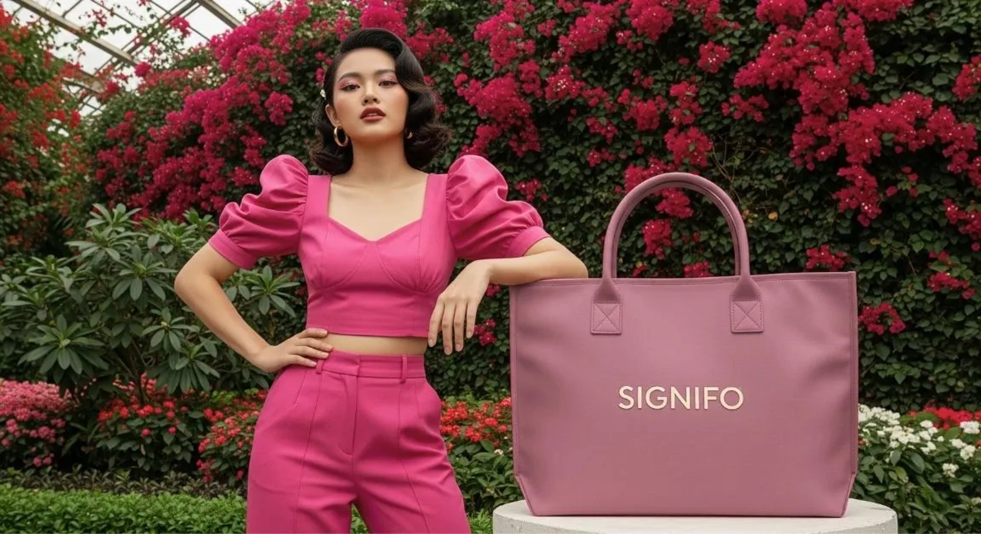 Model wanita dengan hasil aplikasi produk dari kain kanvas polyester SIGNIFO warna ROSE