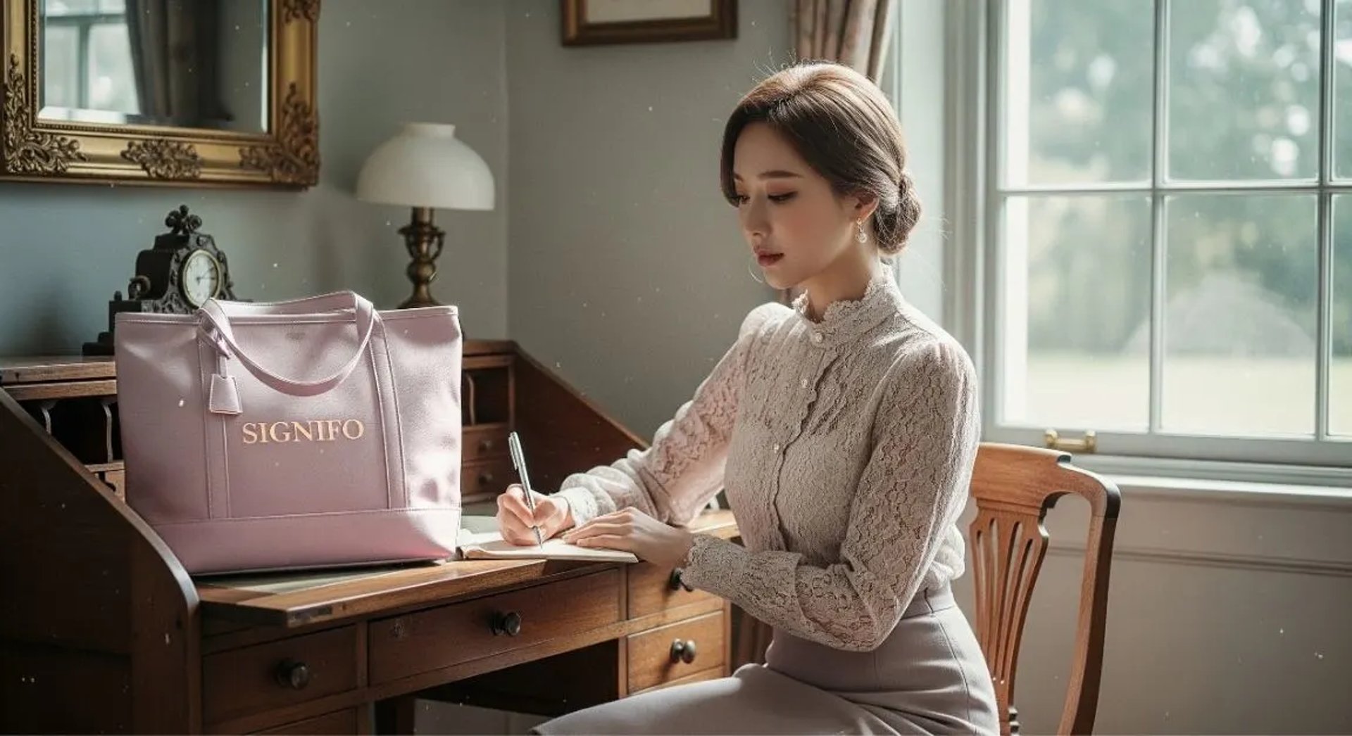 Model wanita dengan hasil aplikasi produk dari kain kanvas polyester SIGNIFO warna SUSU MILO