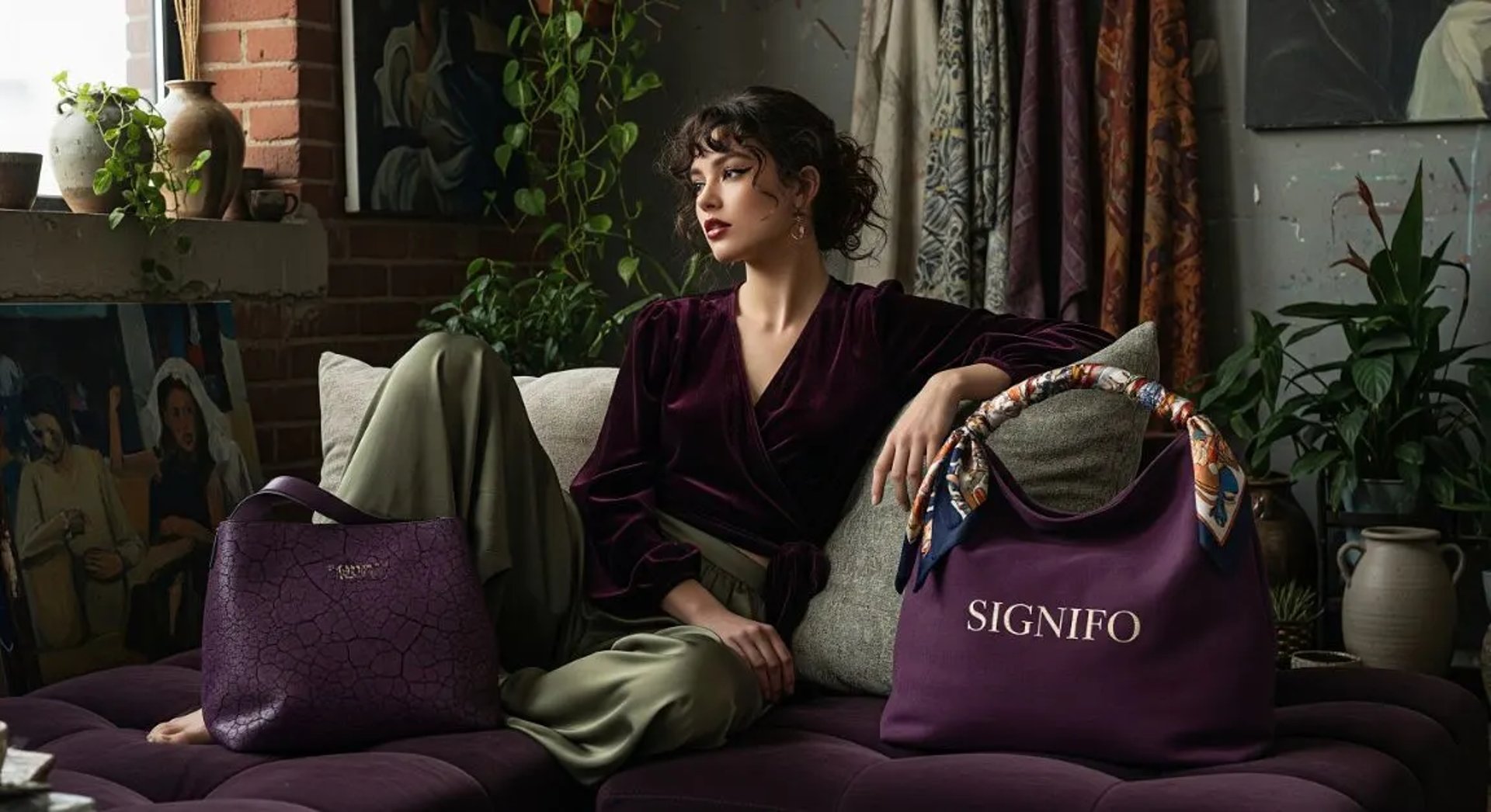 Model wanita dengan hasil aplikasi produk dari kain kanvas polyester SIGNIFO warna Ungu Plum