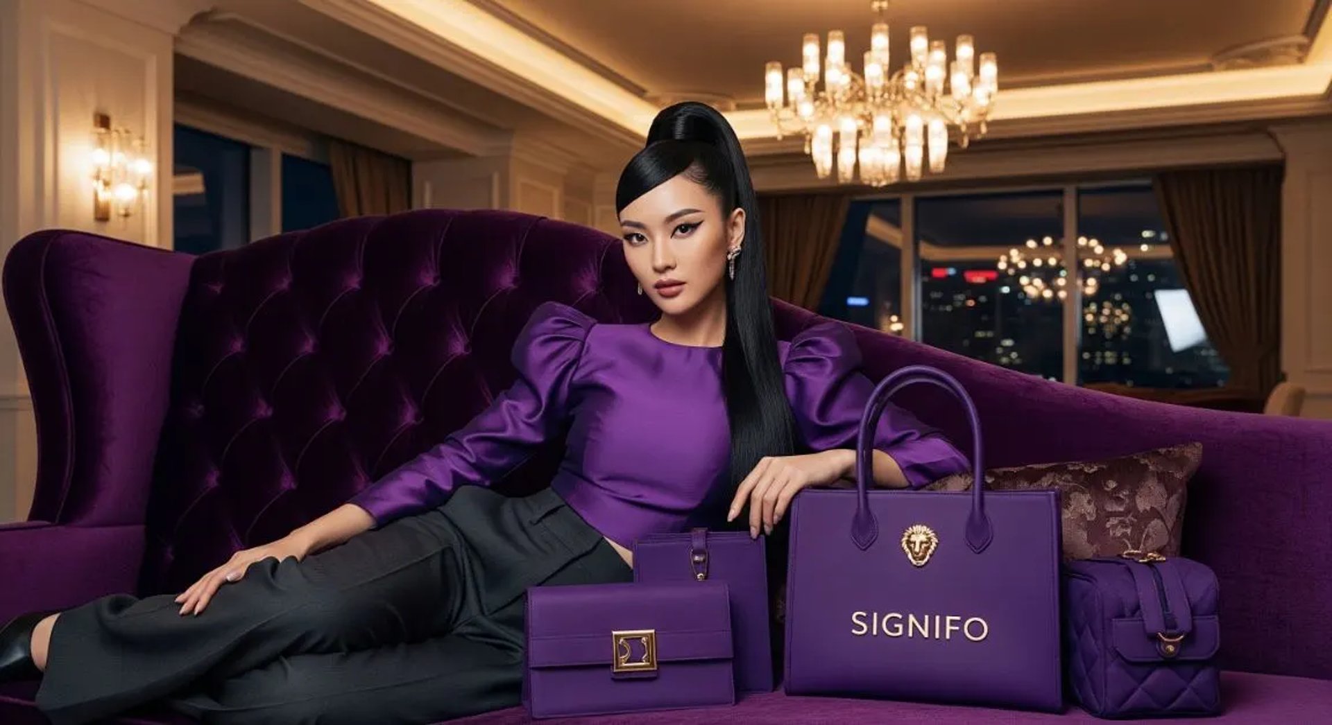 Model wanita dengan hasil aplikasi produk dari kain kanvas polyester SIGNIFO warna Ungu Tua