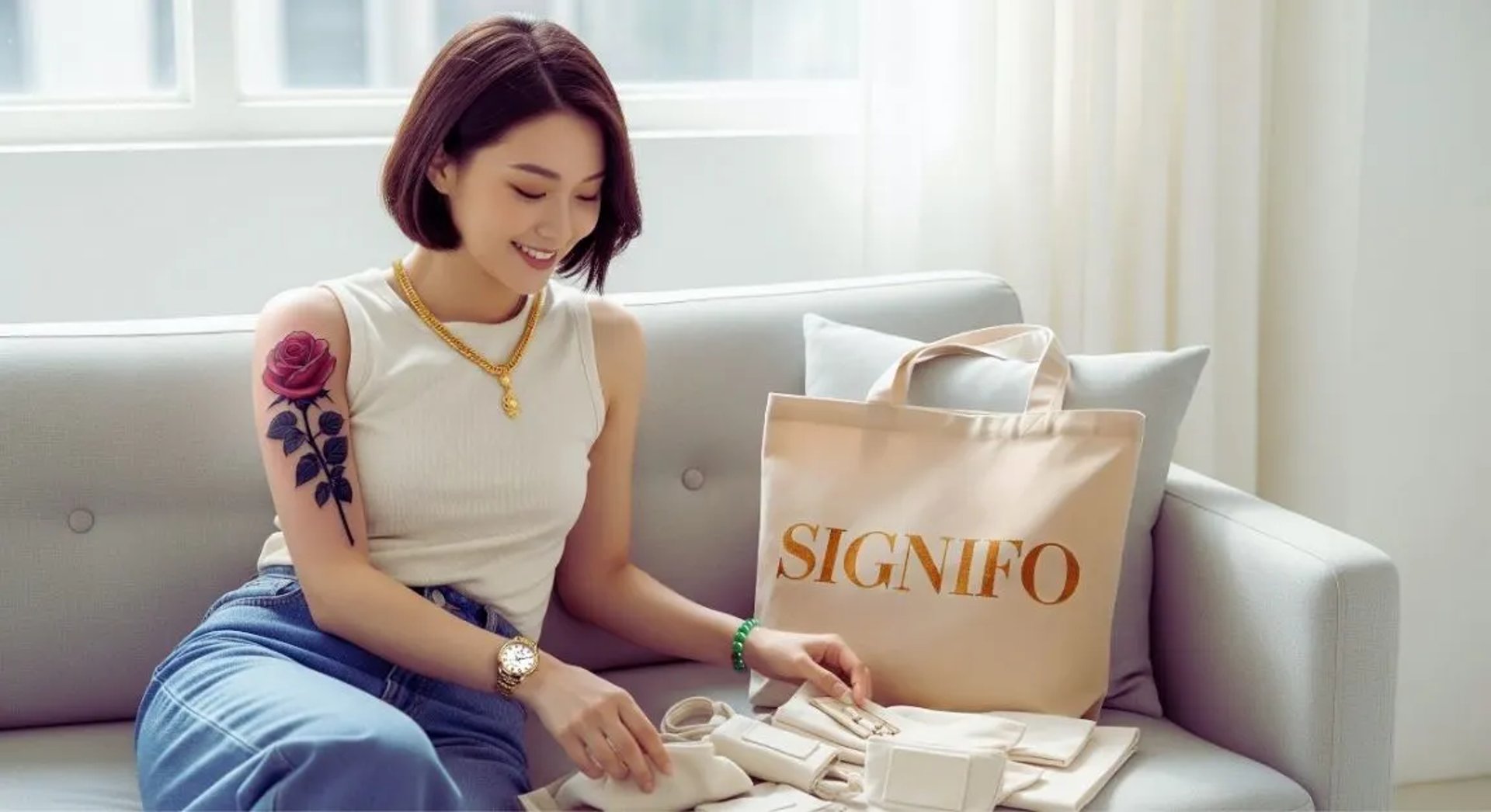 Model menampilkan tote bag dari kanvas natural SIGNIFO di dalam ruangan estetik.