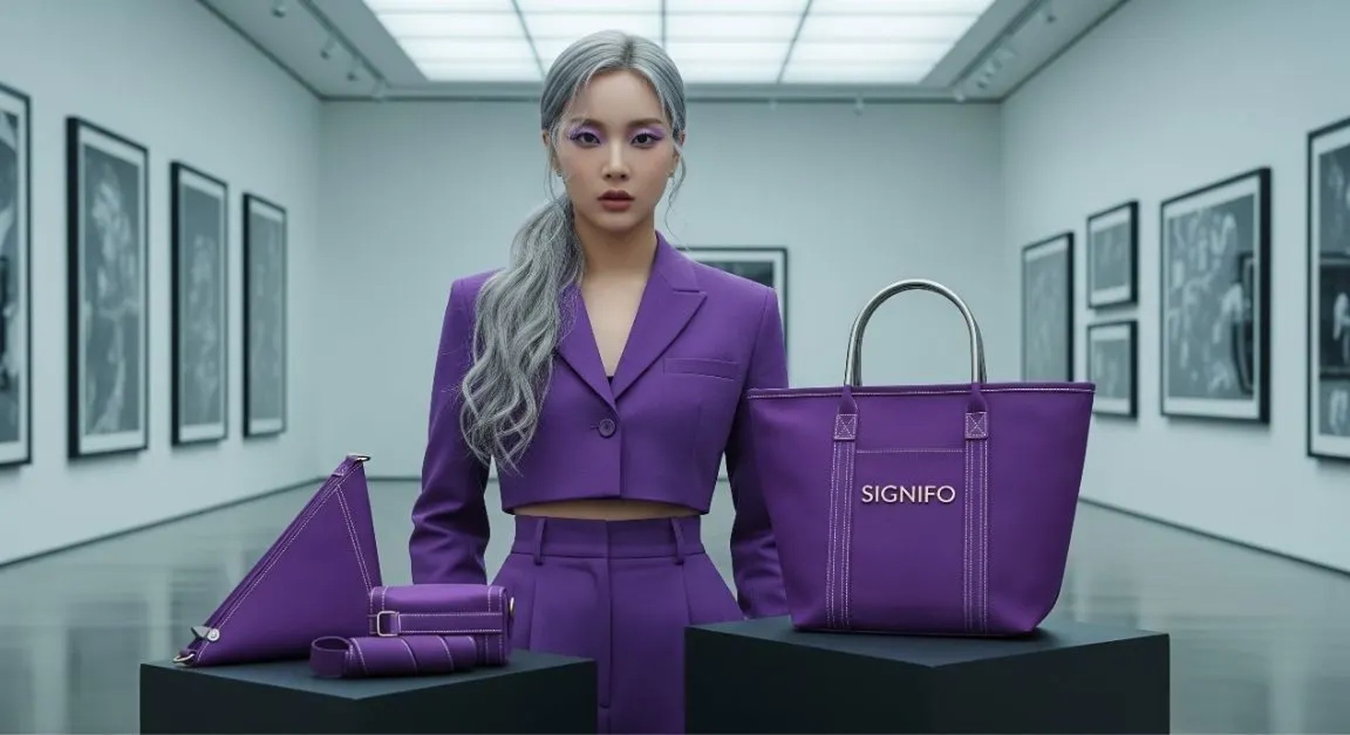 Model menampilkan koleksi tas ungu berbahan kain kanvas polyester SIGNIFO dalam suasana galeri seni.