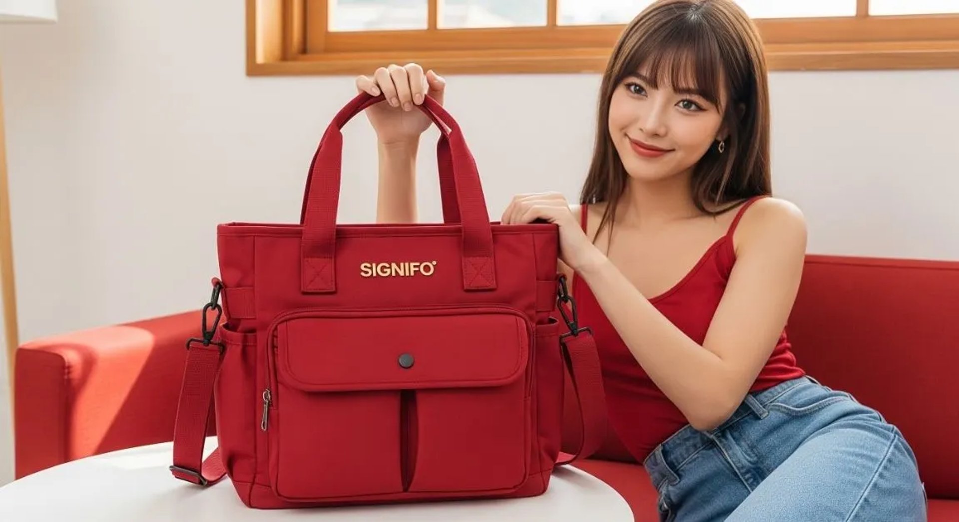 Model wanita chic memamerkan tote bag multifungsi Signifo merah yang serasi.