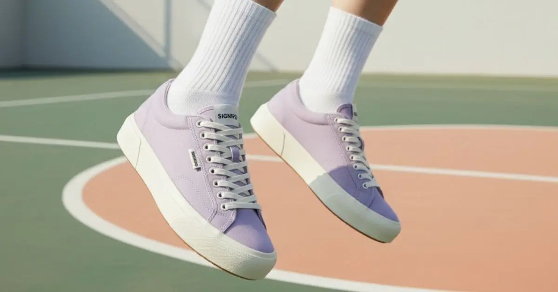 The Dreamscape Sneaker dari kanvas SIGNIFO berwarna Kacang Tanah melayang di udara.