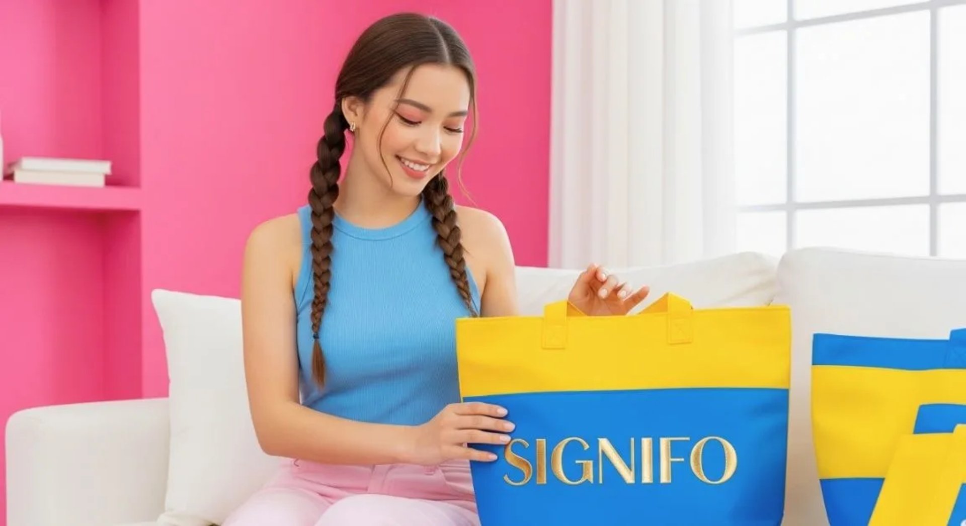 Seorang model dengan tote bag dari kain kanvas polyester SIGNIFO