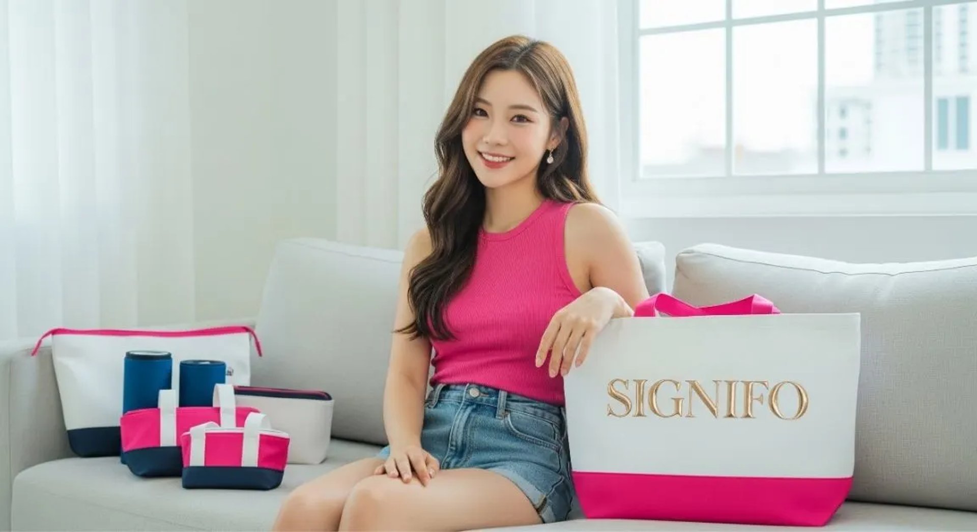 Seorang model dengan tote bag dari kain kanvas polyester SIGNIFO