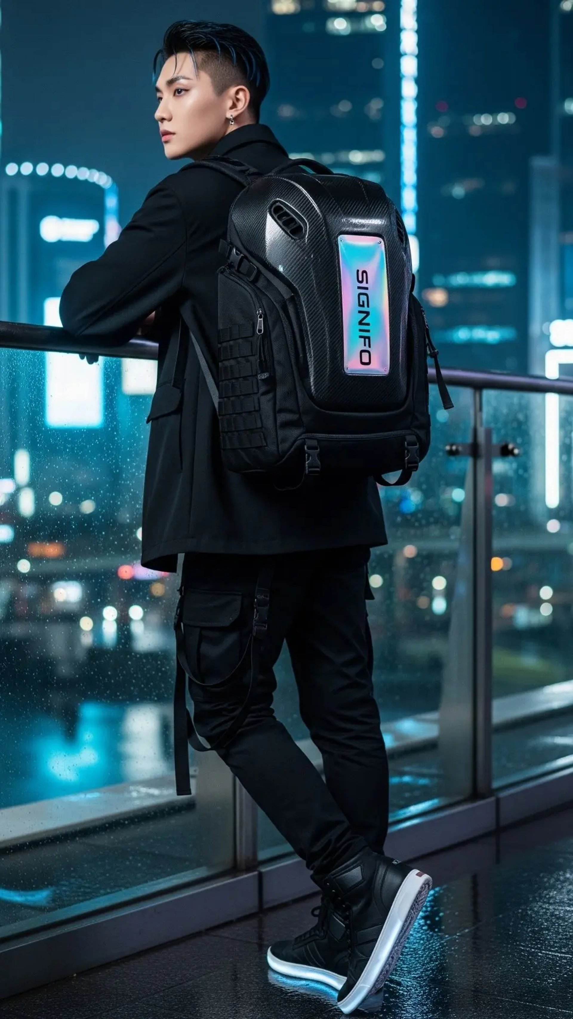 Model pria Korea bergaya futuristik dengan ransel hitam SIGNIFO di kota neon.