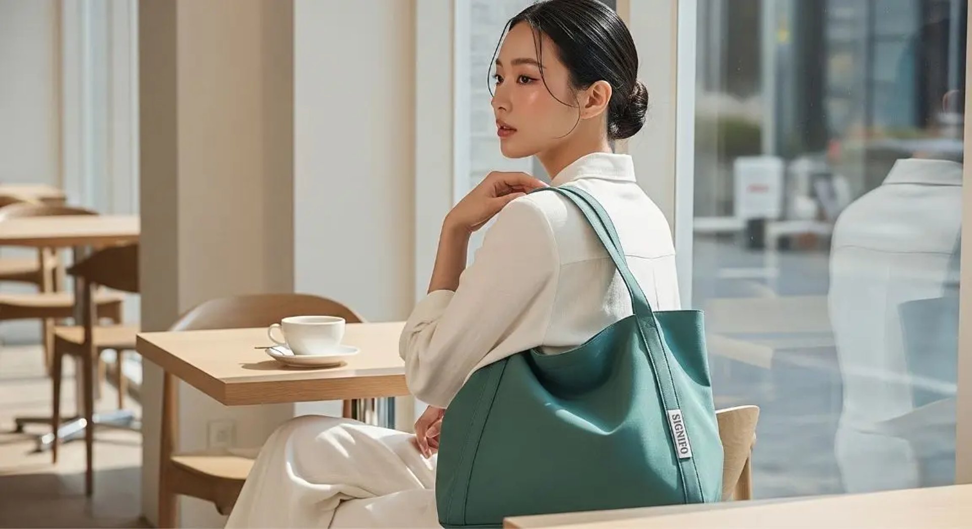 Model wanita dengan hasil aplikasi produk dari kain kanvas polyester SIGNIFO warna HIJAU SAGE