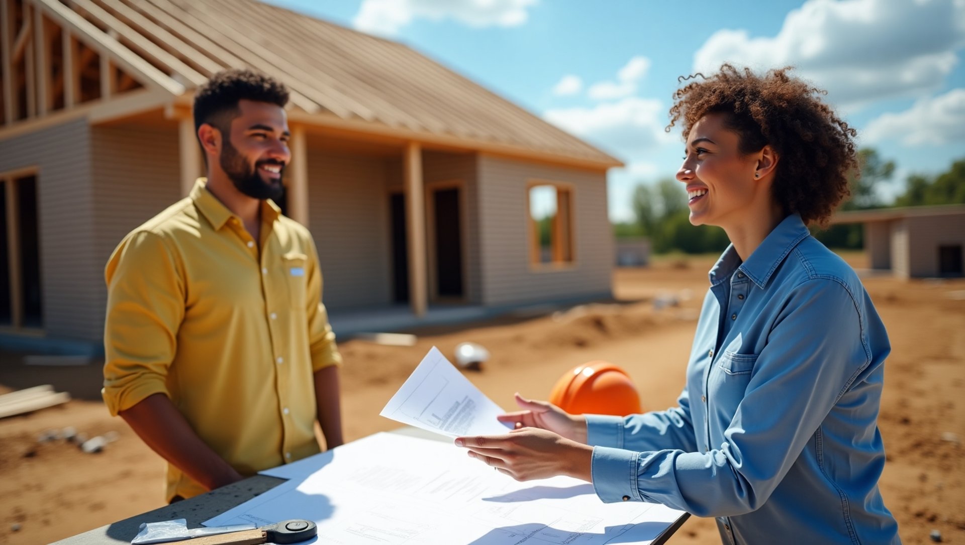 Contractor and client reviewing renovation plans at residential construction site with new home framing in background