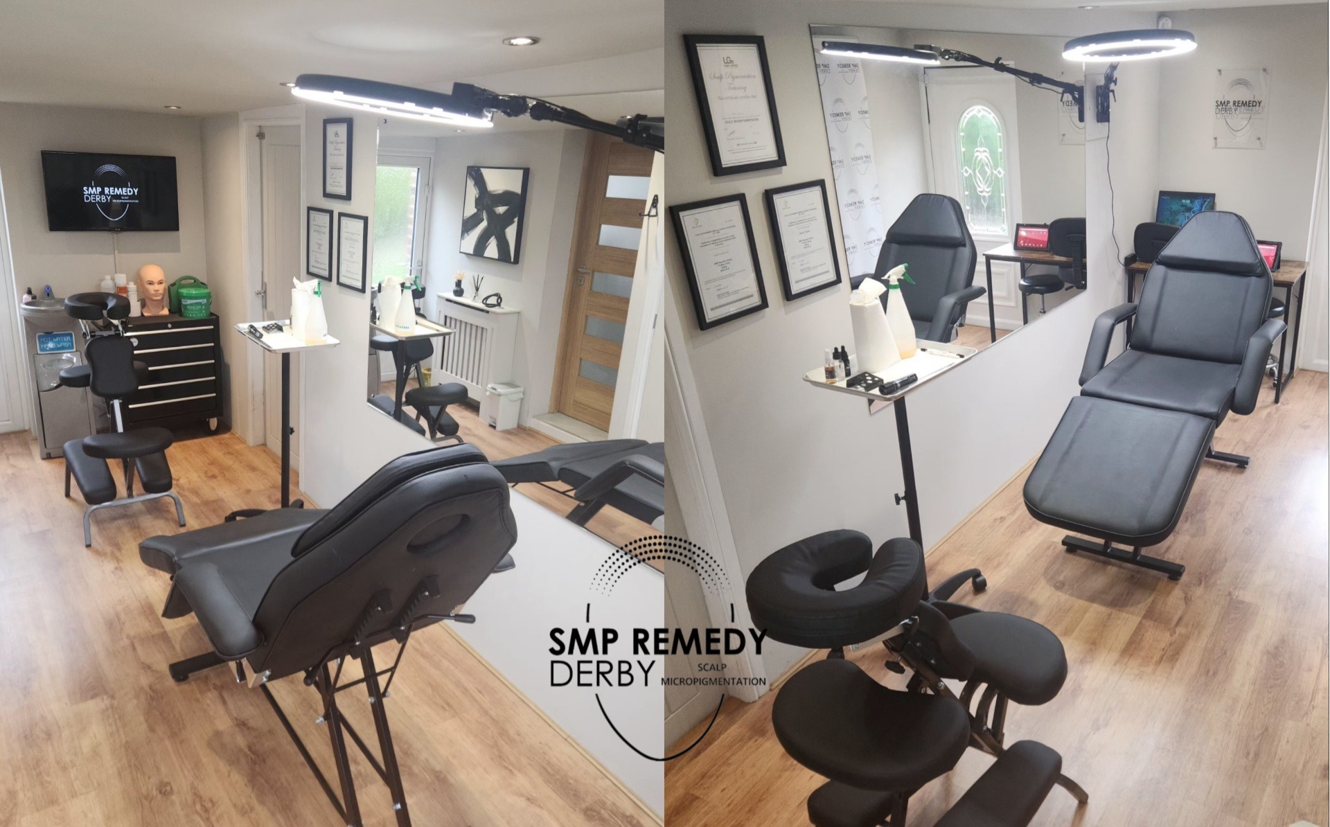 Warm, welcoming SMP clinic with tattoo chair, sink basin, equipment cabinet, lamp, and displayed certificates.
