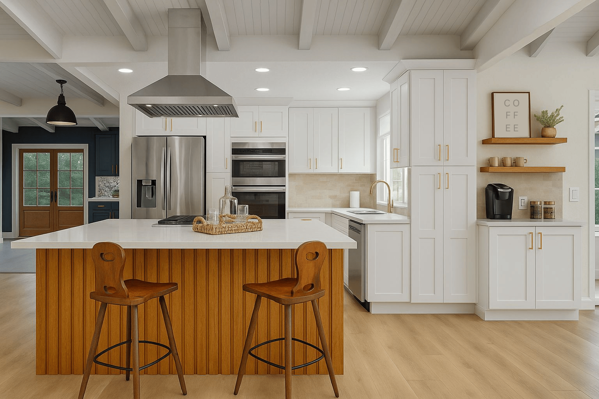 a modern kitchen with a bar and stools