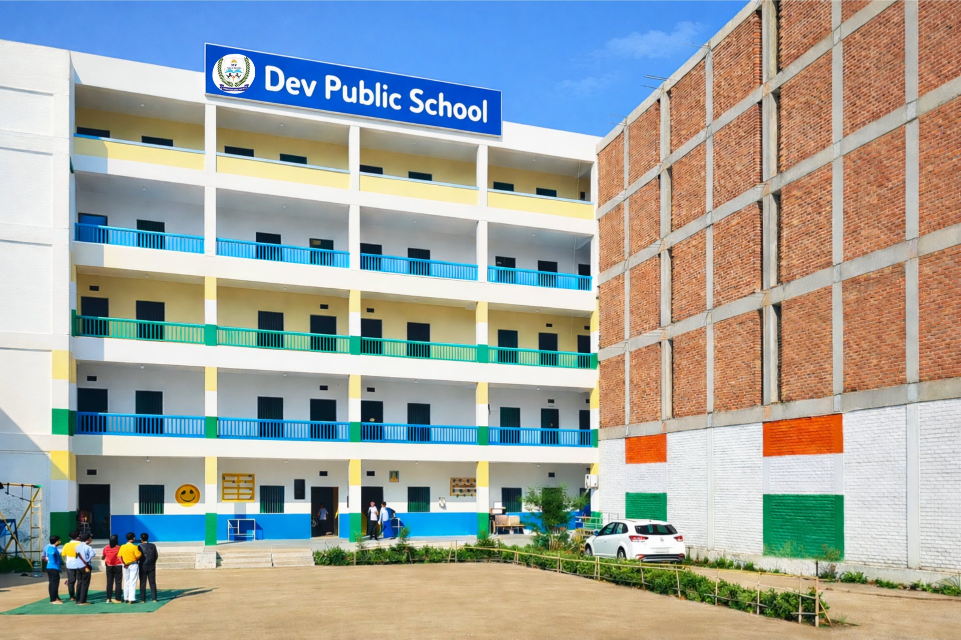 green grass and green plants in front of brown brick building