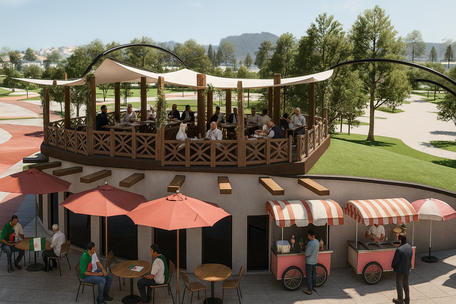 تصميم مقهى جزائري حيوي مع طابق علوي لجلسات جماعية وأكشاك طعام ملونة في الساحة الخارجية