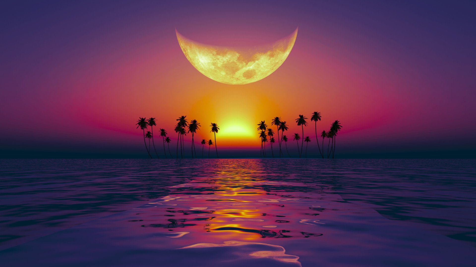 مشهد خيالي لغروب الشمس فوق البحر مع قمر ضخم يضيء السماء وأشجار نخيل على خط الأفق