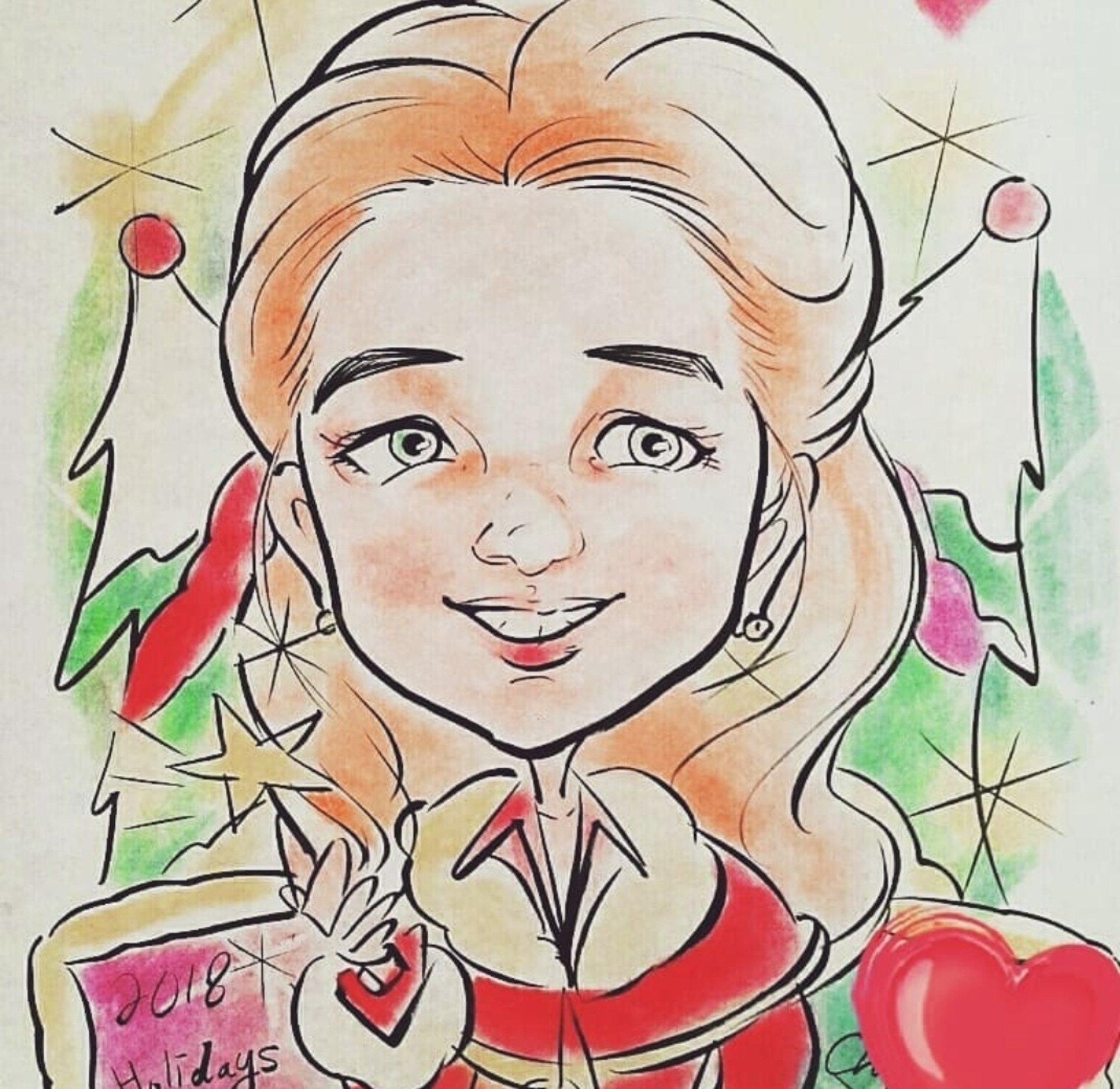 Caricature drawing of a girl in christmas costume