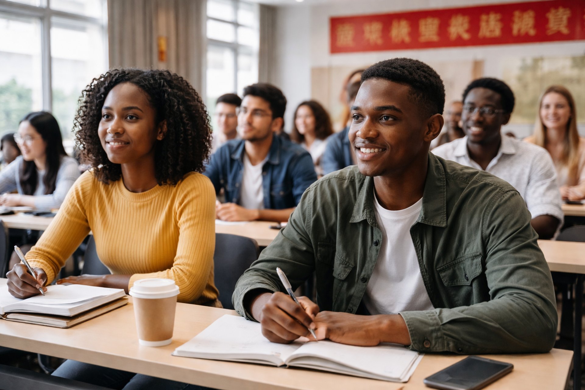 a group of people walking down a street next to trees