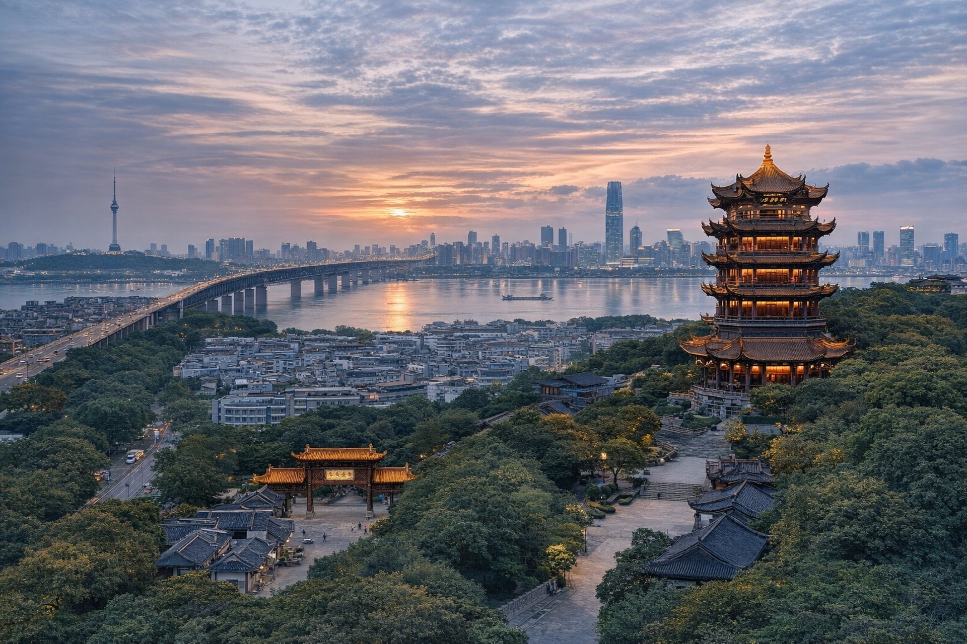 a group of people walking down a street next to trees