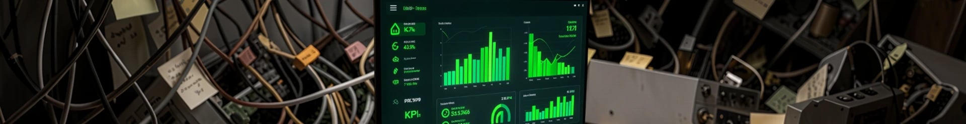 Clean KPI dashboard showing strong performance metrics contrasted with exposed, chaotic system infrastructure behind it