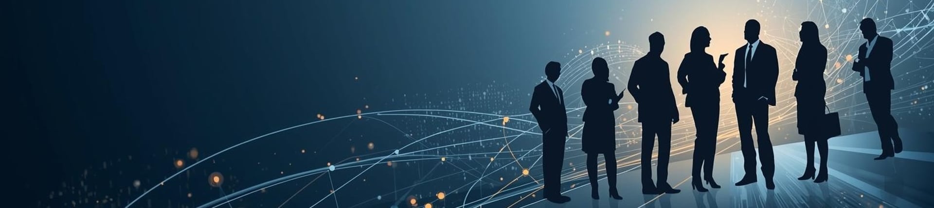 Silhouettes of business leaders in discussion with abstract network lines symbolising strategic leadership and connectivity.