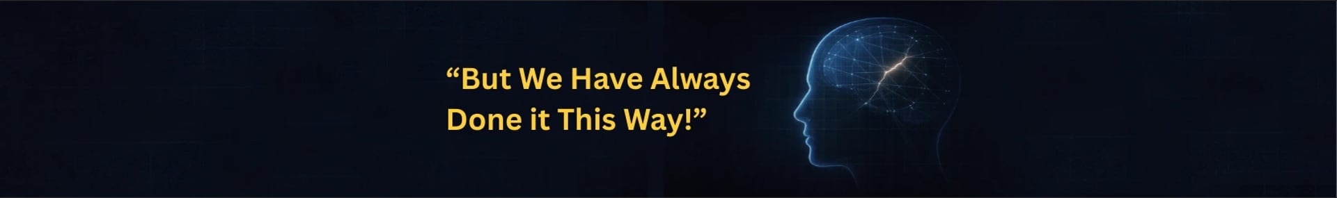 Abstract head silhouette with grid lines and subtle fracture, representing legacy thinking in business