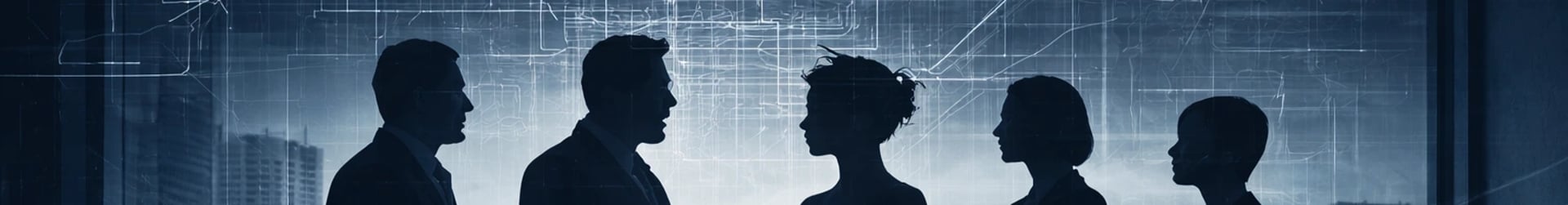 Silhouetted leaders against a blueprint grid symbolising organisational change