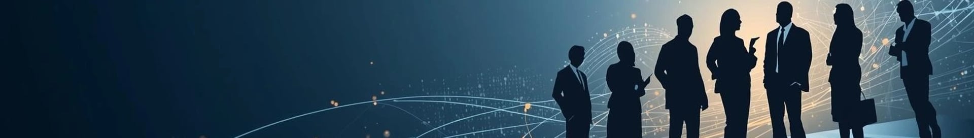 Group of business leaders in discussion with a digital network overlay in the background